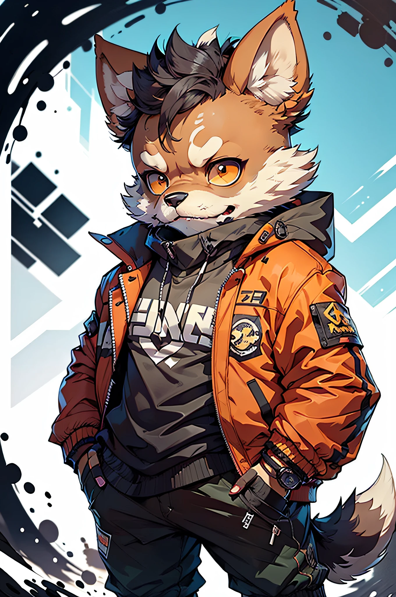 (Businessman in his 30s wearing a jacket)comic strip、Anthropomorphic Schnauzer Dog、cyberpunked