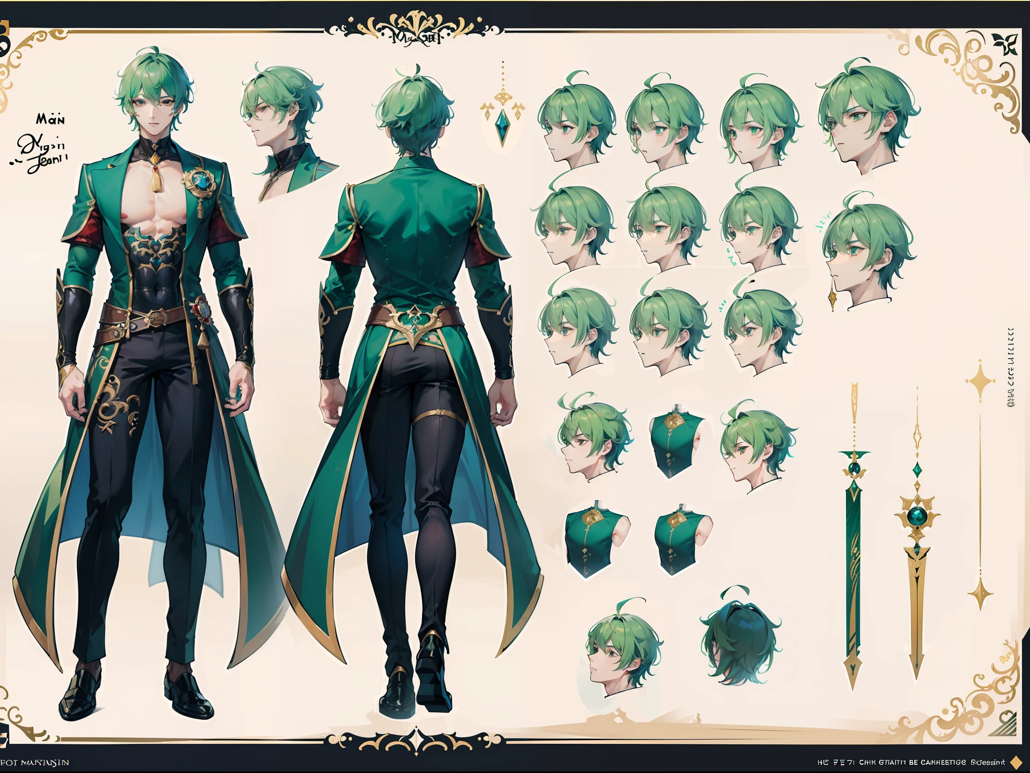 ((Masterpiece, Highest quality)), Male, boy, Detailed face, character design sheet，full body esbian, Full of details, frontal body view, back body view, Highly detailed, Depth, Many parts, Muscle boy with green hair，handsome man, vampire outfit clothes, Genshin Impact, man tall, pectoral muscles, abs