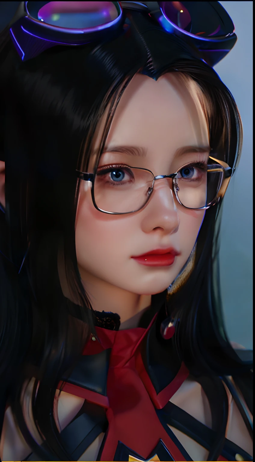 a close up of a woman with longhair wearing glasses on her hair with black and red outfit, realistic anime 3 d style, realistic young anime girl, stunning anime face portrait, photo realistic anime, anime realism style, kawaii realistic portrait, realistic anime portrait, realistic anime artstyle, beautiful anime portrait, realistic anime style at pixiv, realistic anime artsyle, hyper realistic anime, 3 d anime realistic