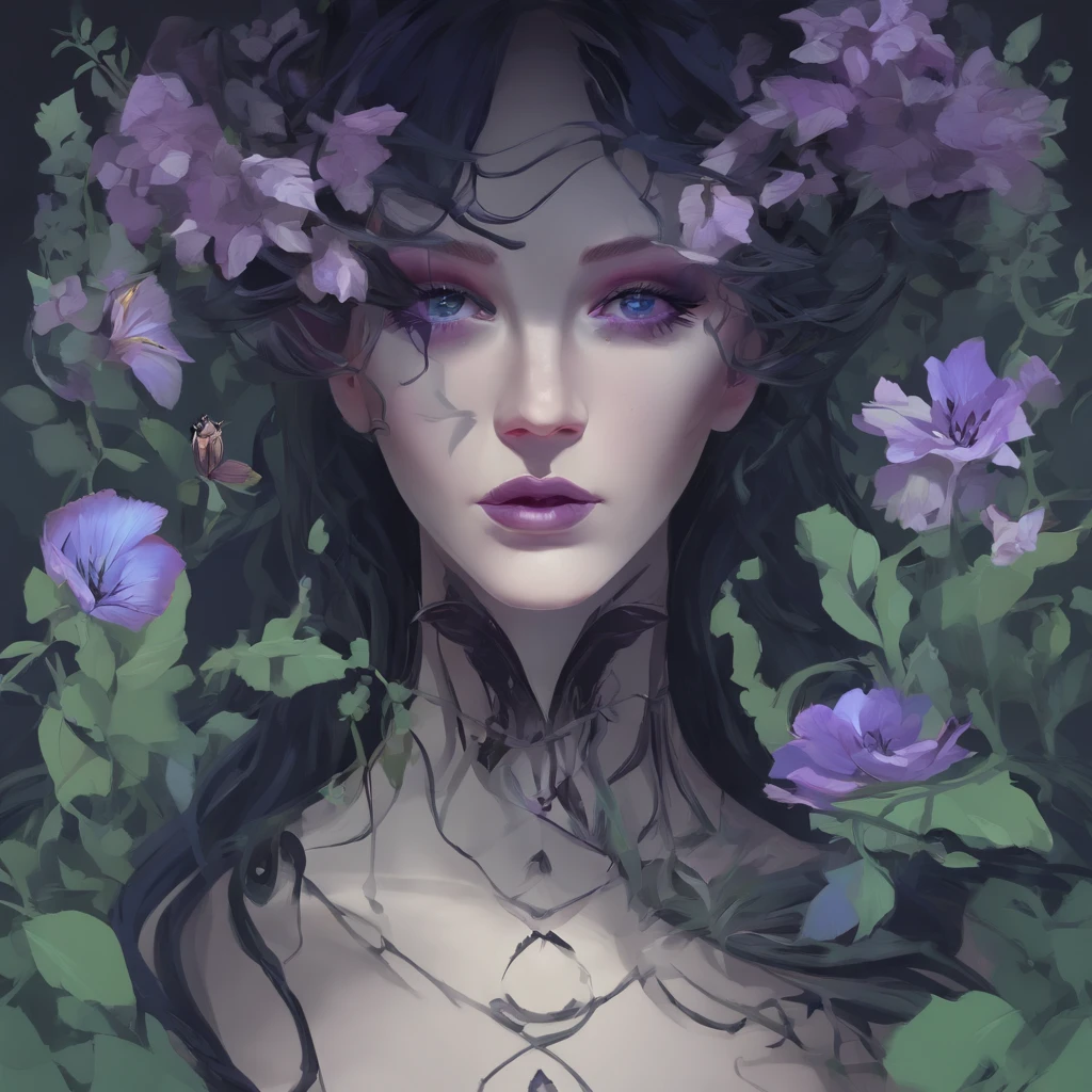 (best quality,4k,8k,highres,masterpiece:1.2),ultra-detailed,(realistic,photorealistic,photo-realistic:1.37),dark-haired woman with long flowing green hair, strikingly detailed face with a sinister expression, piercing green eyes, pale skin with a subtle glow, wearing a flowing black gown with intricate patterns, standing in the middle of a mystical garden surrounded by withered plants and twisted trees, a faint moonlight casting an eerie glow, a creepy, foggy atmosphere enveloping the scene, dark shadows dancing on the ground, hints of mysterious creatures lurking in the shadows, a sense of mystery and intrigue in the air, the woman exuding an aura of power and otherworldliness, an otherworldly glow emanating from her hair, her hair flowing like ethereal tendrils, a hint of a devious smile playing on her lips, the garden filled with dark, vibrant flowers in shades of purples and blues, their petals resembling delicate feathers, a hauntingly beautiful scene with a touch of gothic elegance, a mix of surrealism and fantasy, the perfect balance between beauty and darkness.