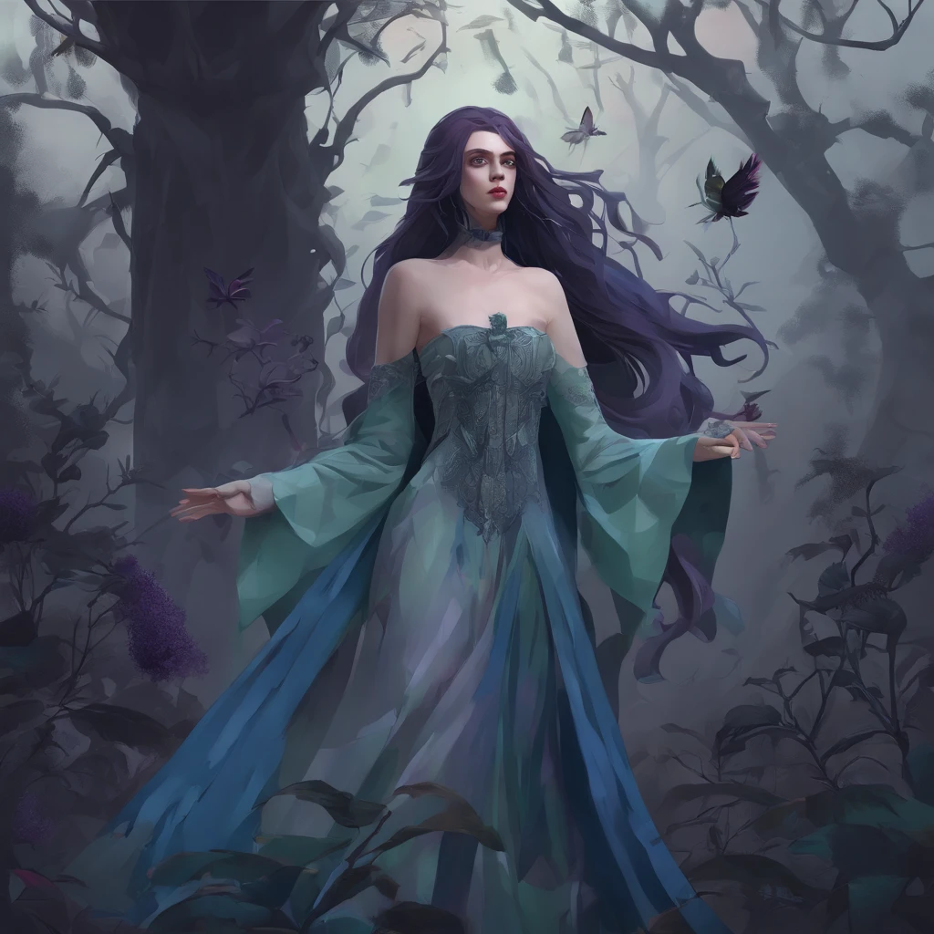 (best quality,4k,8k,highres,masterpiece:1.2),ultra-detailed,(realistic,photorealistic,photo-realistic:1.37),dark-haired woman with long flowing green hair, strikingly detailed face with a sinister expression, piercing green eyes, pale skin with a subtle glow, wearing a flowing black gown with intricate patterns, standing in the middle of a mystical garden surrounded by withered plants and twisted trees, a faint moonlight casting an eerie glow, a creepy, foggy atmosphere enveloping the scene, dark shadows dancing on the ground, hints of mysterious creatures lurking in the shadows, a sense of mystery and intrigue in the air, the woman exuding an aura of power and otherworldliness, an otherworldly glow emanating from her hair, her hair flowing like ethereal tendrils, a hint of a devious smile playing on her lips, the garden filled with dark, vibrant flowers in shades of purples and blues, their petals resembling delicate feathers, a hauntingly beautiful scene with a touch of gothic elegance, a mix of surrealism and fantasy, the perfect balance between beauty and darkness.