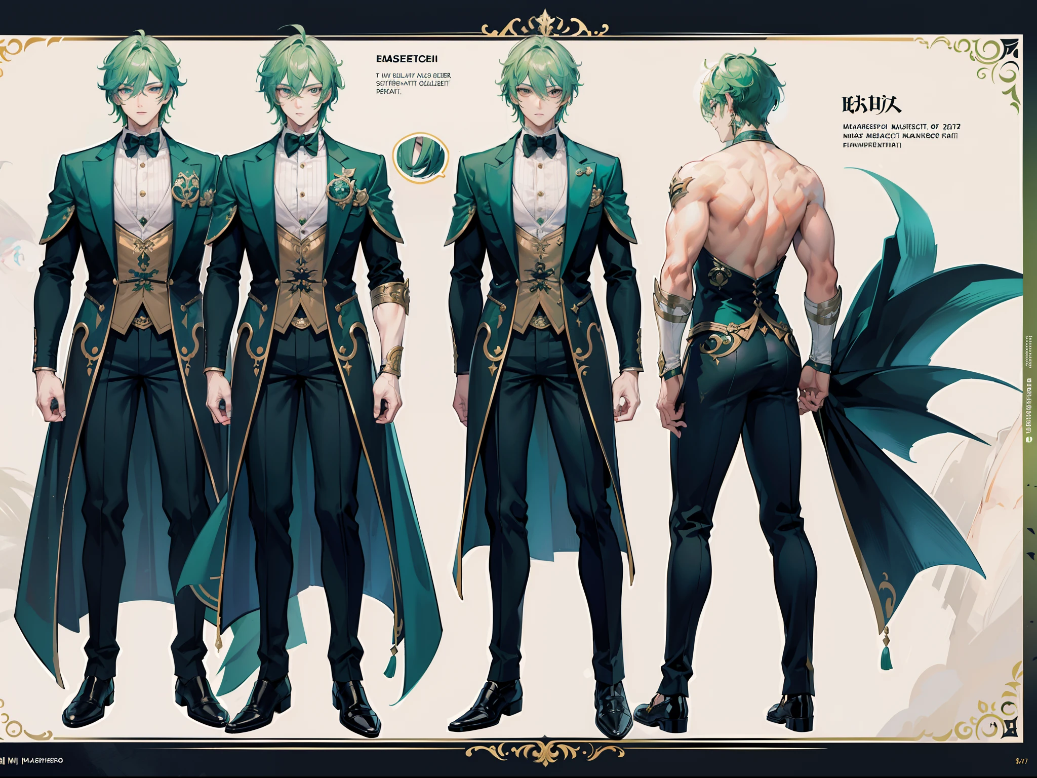 (Masterpiece, best quality), detailed, 1 man, ((character concept art)), ((character design sheet, same character, front, side, back)), full body, body complete, 1 Male angel, 1 Man angel, Detailed face, character design sheet,full bodyesbian, Highly detailed, character sheet, character design, Many parts, dark skin, angel wings, short green hair, angel outfit, muscle male god, male clothes, masculine, muscle man, male muscle, manly, male angel, Muscle male short green hair,beautiful man, beautiful muscle man, abs, pectoral muscle