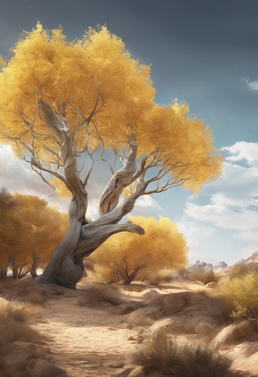 Magazine illustration,((In the desert)),a small stream,A poplar forest,A few tall ones(((Golden poplar tree:1.3))),Poplar tree,Fallen leaves on the ground,k hd,Sony SLR lens,Master masterpieces,Cinematic lighting lighting,extreme hight detail