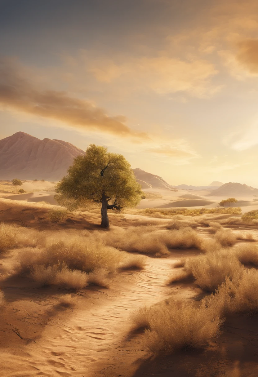 Magazine illustration,((In the desert)),a small stream,A poplar forest,A few tall ones(((Golden poplar tree:1.3))),Poplar tree,Fallen leaves on the ground,k hd,Sony SLR lens,Master masterpieces,Cinematic lighting lighting,extreme hight detail