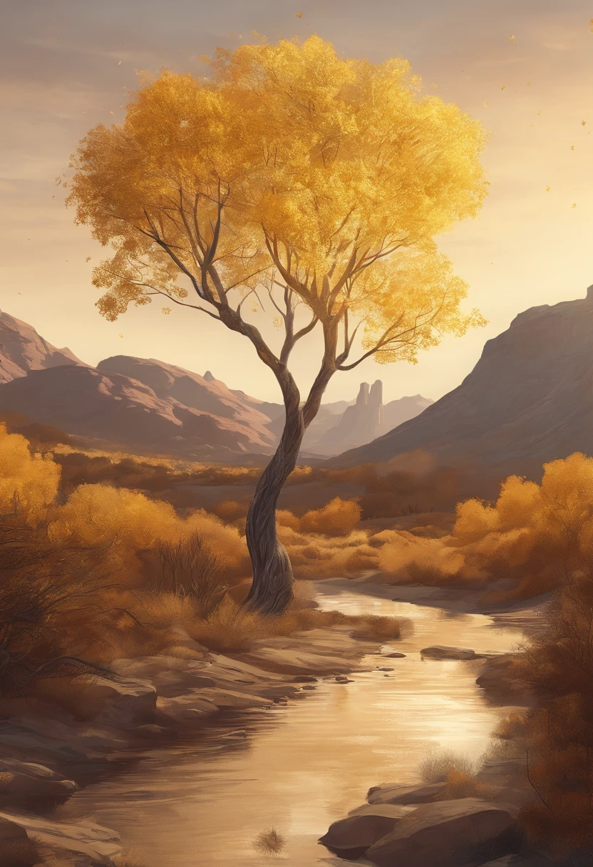 Magazine illustration,((In the desert)),a small stream,A poplar forest,A few tall ones(((Golden poplar tree:1.3))),Poplar tree,Fallen leaves on the ground,k hd,Sony SLR lens,Master masterpieces,Cinematic lighting lighting,extreme hight detail