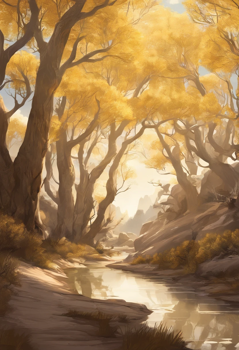 Magazine illustration,((In the desert)),a small stream,A poplar forest,A few tall ones(((Golden poplar tree:1.3))),Poplar tree,Fallen leaves on the ground,k hd,Sony SLR lens,Master masterpieces,Cinematic lighting lighting,extreme hight detail