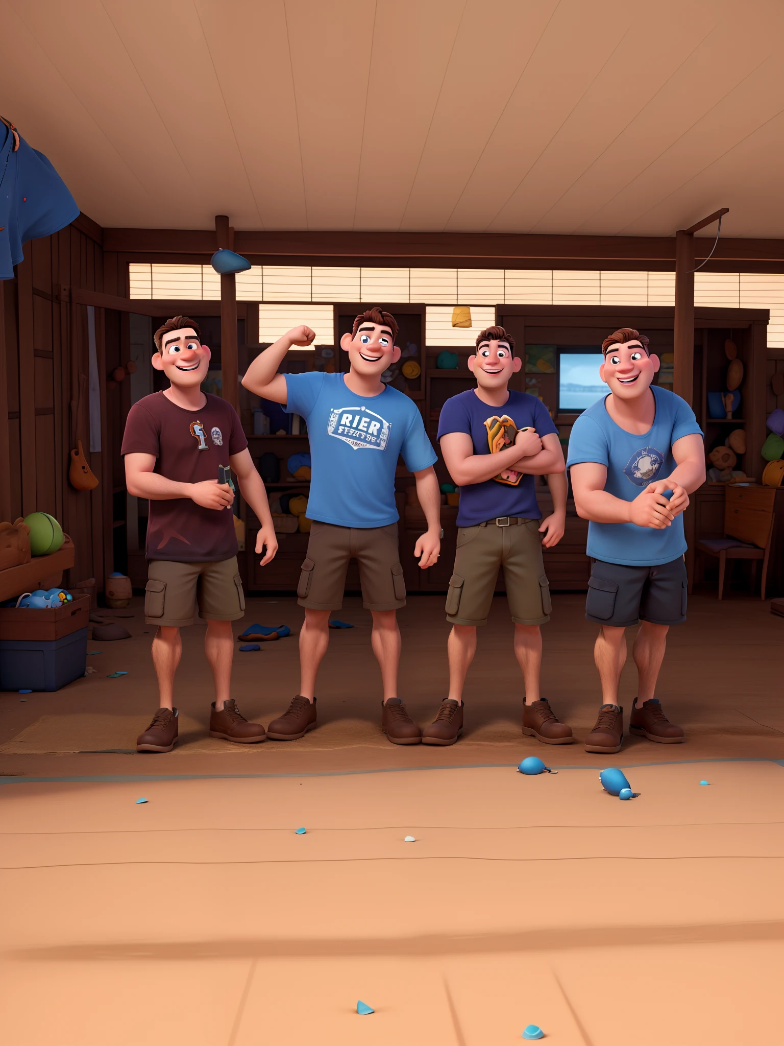 Criar desenho tipo filme da pixar Disney baseado nessa imagem 4 homens,
