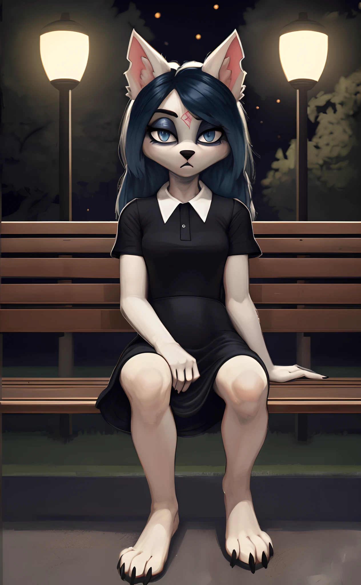 [Claire (the summoning)], [Uploaded to e621.net; (Pixelsketcher), (wamudraws)], ((masterpiece)), ((1girl)), ((solo portrait)), ((full body)), ((front view)), ((furry; anthro)), ((detailed fur)), ((detailed shading)), ((beautiful render art)), {anthro; (slim figure), white fur, black nose, long blue hair, (bang over left eye), (pink pentagon on forehead), (dark-blue cat eyes), (slit pupils), (half-closed eyes), (indigo eyeshadow), (black claws), (beautiful feet), (expressionless)}, {(short sleeve black white-collared shirt), (tight short bodycon dress)}, {(sitting on bench), (hands in lap), (pigeon-toed), (looking at viewer)}, [background; (park), (street lights), (nighttime), (ambient lighting)]