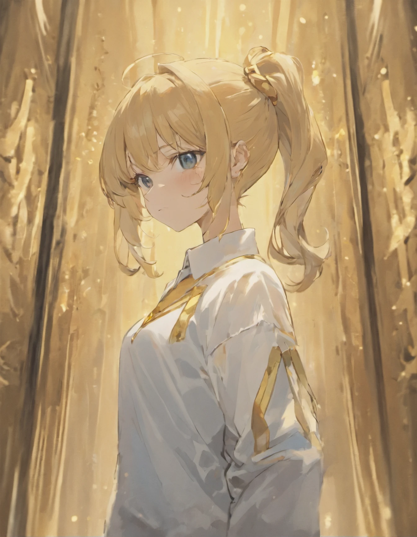 white  shirt，Low ponytail，golden-framed glasses