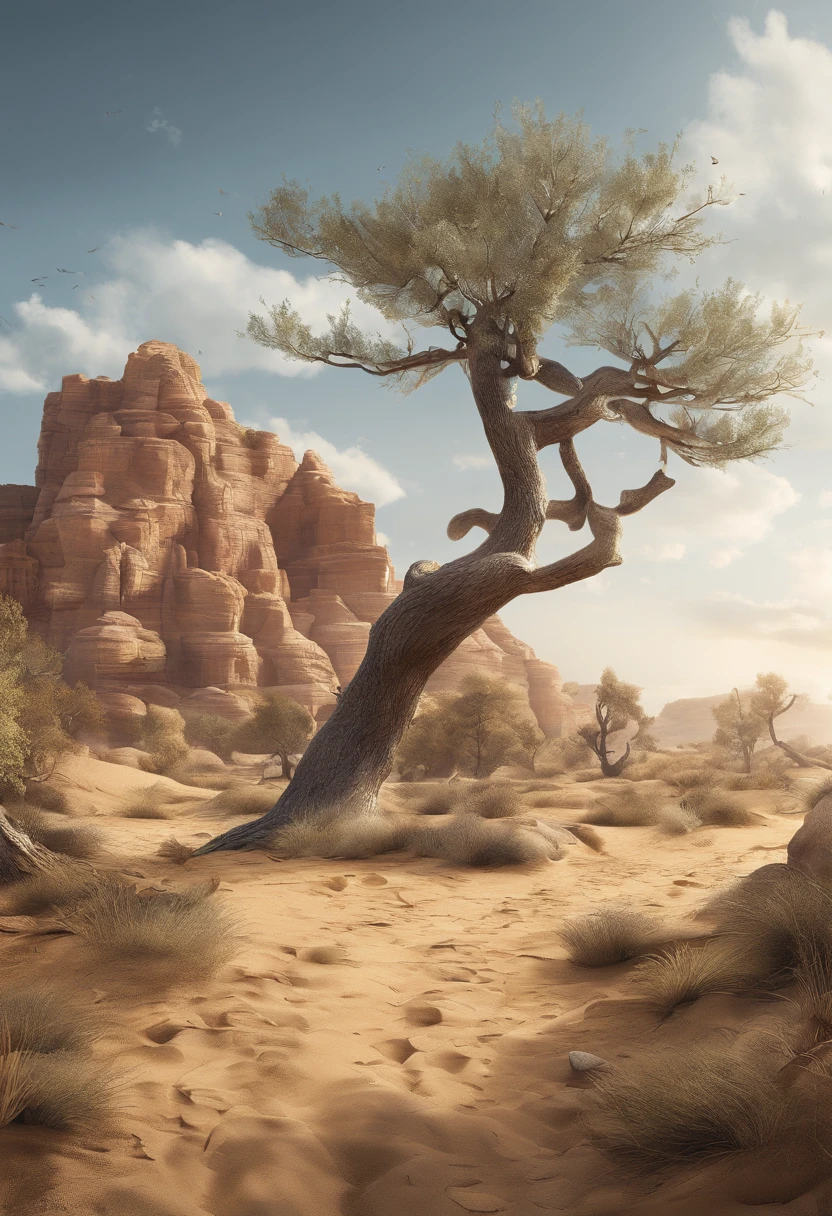 Magazine illustration,((In the desert)),a small stream,((A poplar forest)),,Poplar tree,Fallen leaves on the ground,k hd,Sony SLR lens,Master masterpieces,Cinematic lighting lighting,extreme hight detail