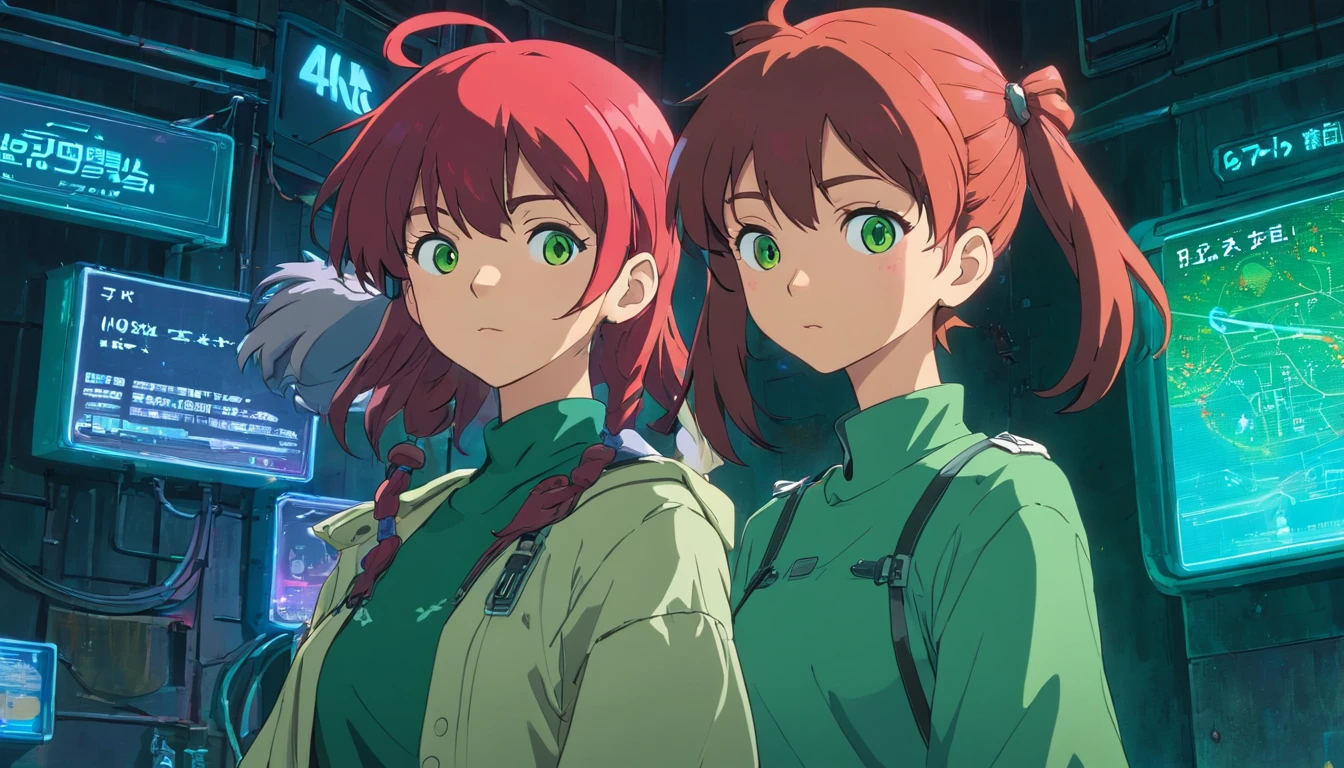 A red-haired woman in a green shirt in front of a black animated backdrop, menina lofi, 8 0 s vibe anime, anime vibes, Digital anime illustration, retro anime girl, menina anime sedutora, Elogio Artstyle, no estilo de arte do anime 8 0 s, estilo anime. 8k, arte digital do anime cyberpunk, estilo anime 4K, mulher com pouca roupa.