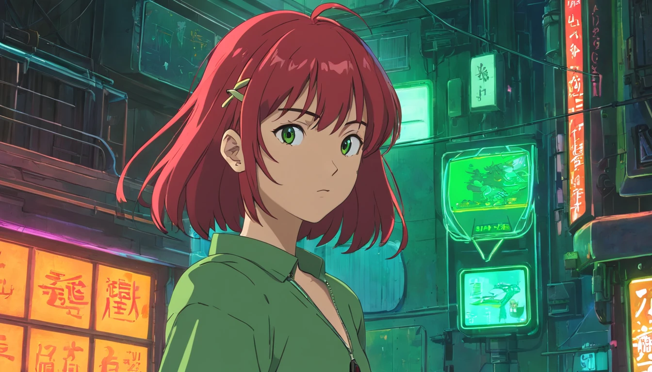 A red-haired woman in a green shirt in front of a black animated backdrop, menina lofi, 8 0 s vibe anime, anime vibes, Digital anime illustration, retro anime girl, menina anime sedutora, Elogio Artstyle, no estilo de arte do anime 8 0 s, estilo anime. 8k, arte digital do anime cyberpunk, estilo anime 4K, mulher com pouca roupa.