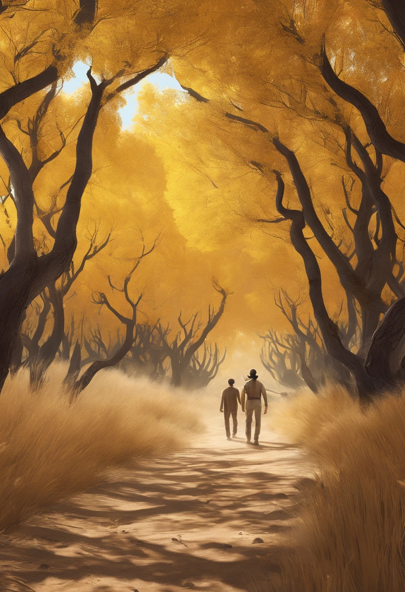 Magazine illustration,((In the desert)),a small stream,Chinese model,A poplar forest,A few tall ones(((Golden poplar tree:1.3))),Poplar tree,Fallen leaves on the ground,k hd,Sony SLR lens,Master masterpieces,Cinematic lighting lighting,extreme hight detail