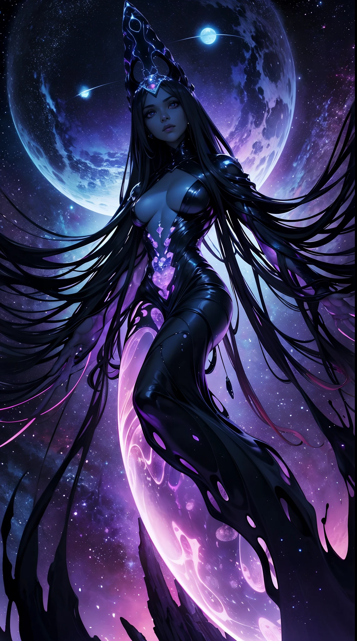 "cosmic entity": um ser com quatro olhos brilhantes, multiple arms, A breathtaking view from space reveals a twisted galaxy filled with strange life forms and entities that humans understand. Planet with night sky, fenda, leviathan, 8k, lindo, dramatic scene, buraco negro, void, woman, female