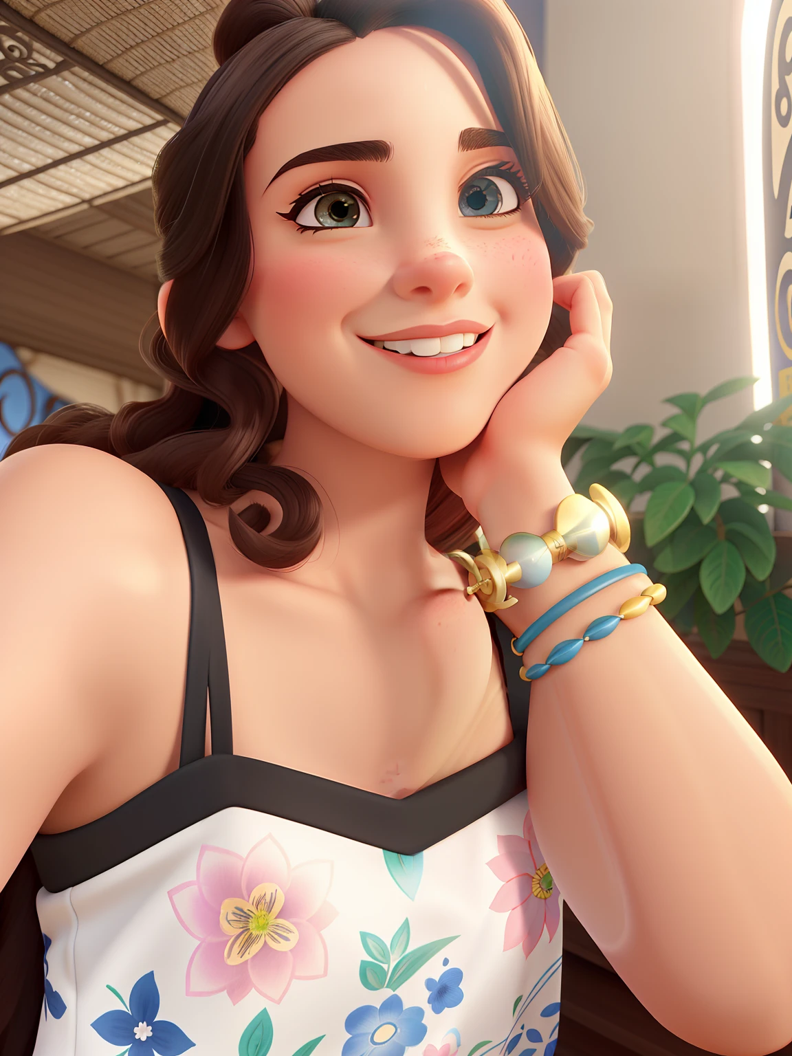 Uma mulher alta Disney cabelo para o lado direito no ombro castanho escuro olhos castanhos escuro com sobremesa