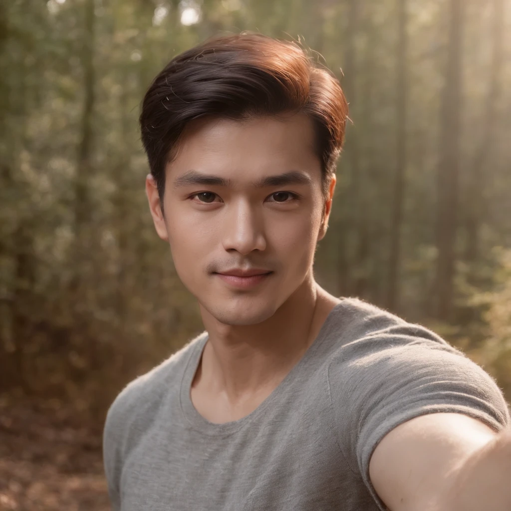 1 man ((upper body selfie, happy)), masterpiece, best quality, ultra-detailed, solo, outdoor, (night), mountains, nature, (stars, moon) cheerful, happy, backpack, sleeping bag, camping stove, water bottle, mountain boots, gloves, sweater, hat, lantern, forest, rocks, river, wood, smoke, shadows, contrast, clear sky, style (look at the viewer: 1.2) (skin texture) (film grain: 1.3), (warm tone, warm tone): 1.2), close up, cinematic light, side lighting, ultra high res, best shade, RAW, upper body, using pullover