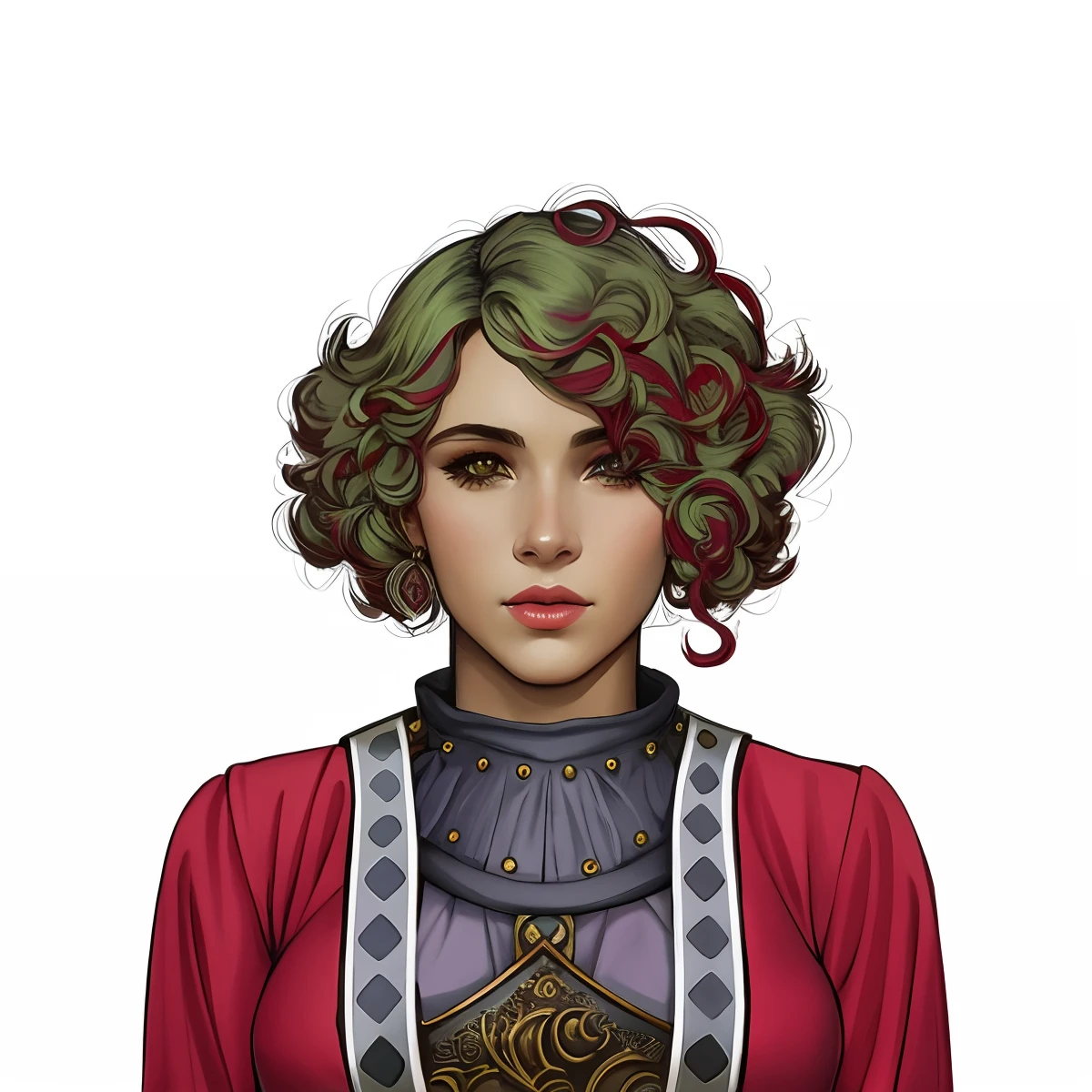 um close up de uma mulher com uma jaqueta vermelha e um cabelo verde, fantasy rpg symmetrical portrait, Retrato do personagem Baldur's Gate, retrato detalhado do caractere, retrato de rpg, retrato do livro do RPG, d & d retrato do caractere, Retrato de um personagem DND, Retrato de Caractere DND, dnd retrato, dnd retrato da arte do caractere, symmetrical portrait rpg avatar