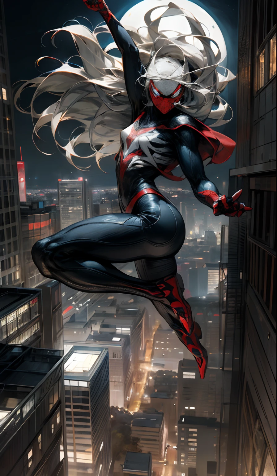 (Masterpiece, 4k resolution, ultra-realistic, very detailed), (White superhero theme, charismatic, there's a girl on top of town, wearing Spider-Man costume, she's a superhero), [ ((25 years), (long white hair:1.2), full body, (blue eyes:1.2), ((Spider-Man pose),show of strength, jumping from one building to another), ((sandy urban environment):0.8)| (cityscape, at night, dynamic lights), (full moon))] # Explanation: The Prompt mainly describes a 4K painting of ultra-high definition, very realistic, very detailed. It shows a superheroine at the top of the city, wearing a Spider-Man costume. The theme in the painting is a white superhero theme, the female protagonist has long white hair, is 25 years old and her entire body is shown in the painting. In terms of portraying the actions of superheroines, spiders are employed