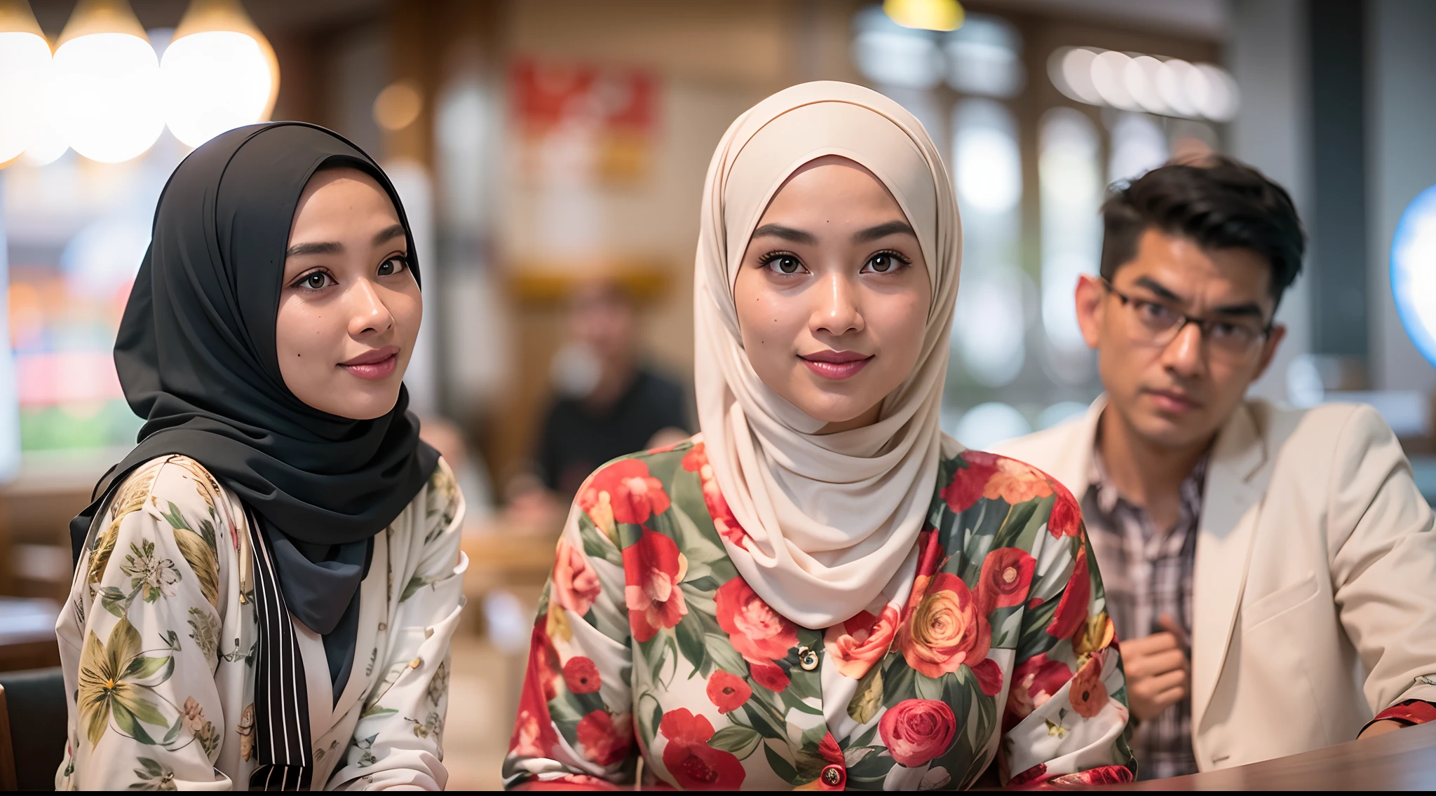 A photo of a young, nerdy malay woman in hijab sitting in a starbuck cafe with 1 malay men in office suit standing behind, woman wearing floral pattern baju kurung, surrounded by a cozy atmosphere, cool ambient, looking at the viewer. (Detail skin:1.3), haired hand,
Hijab, slender, red lips, flirting with the camera, high quality, ultra detail, 8k, cinematic color, 28mm, Establishing shot, muted color grading, cinemascope,,