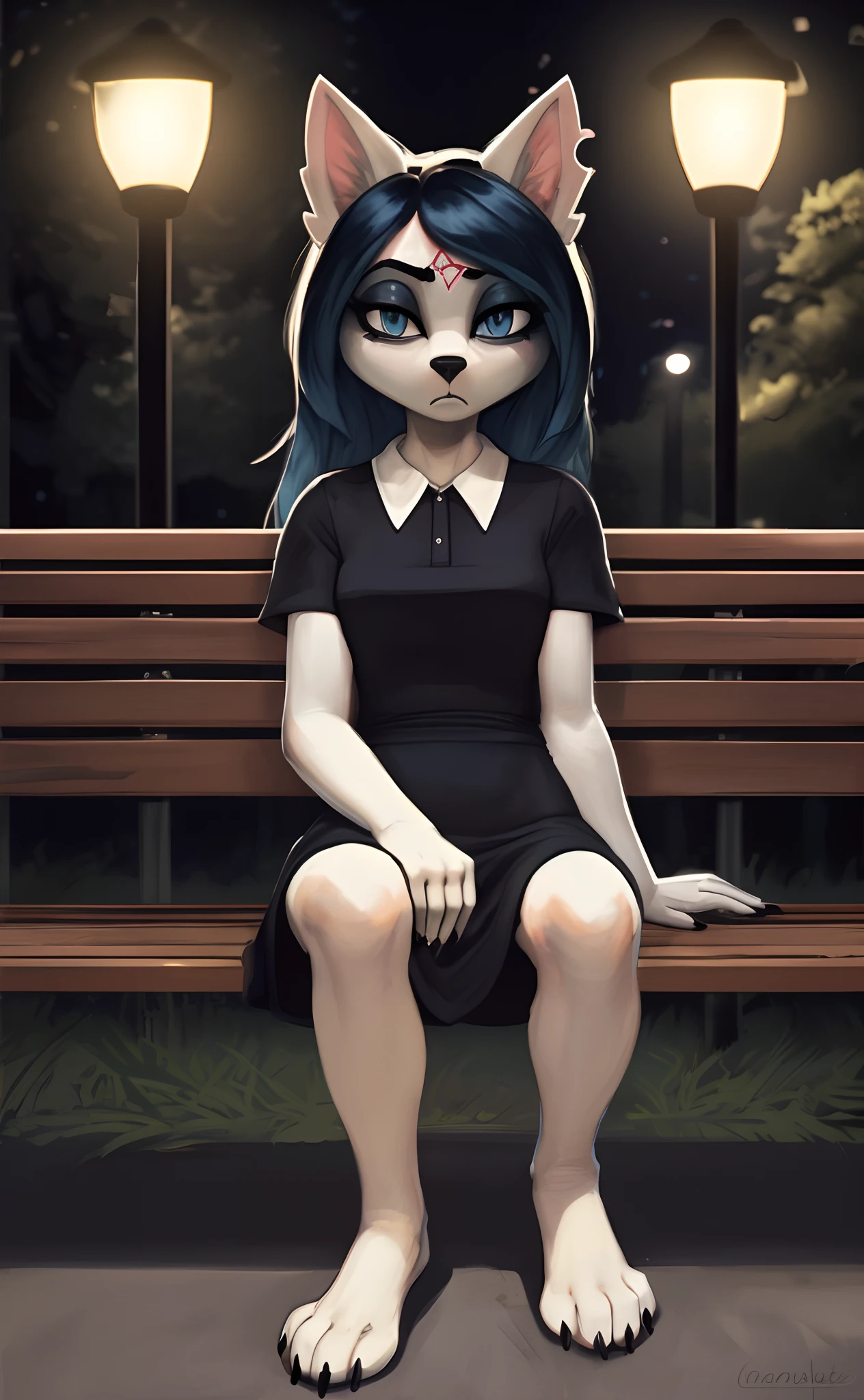 [Claire (the summoning)], [Uploaded to e621.net; (Pixelsketcher), (wamudraws)], ((masterpiece)), ((1girl)), ((solo portrait)), ((full body)), ((front view)), ((furry; anthro)), ((detailed fur)), ((detailed shading)), ((beautiful render art)), {anthro; (slim figure), white fur, black nose, long blue hair, (bang over left eye), (pink pentagram on forehead), (dark-blue cat eyes), (slit pupils), (half-closed eyes), (indigo eyeshadow), (black claws), (beautiful feet), (expressionless)}, {(short sleeve black white-collared shirt), (tight short bodycon dress)}, {(sitting on bench), (hands in lap), (pigeon-toed), (looking at viewer)}, [background; (park), (street lights), (nighttime), (ambient lighting)]
