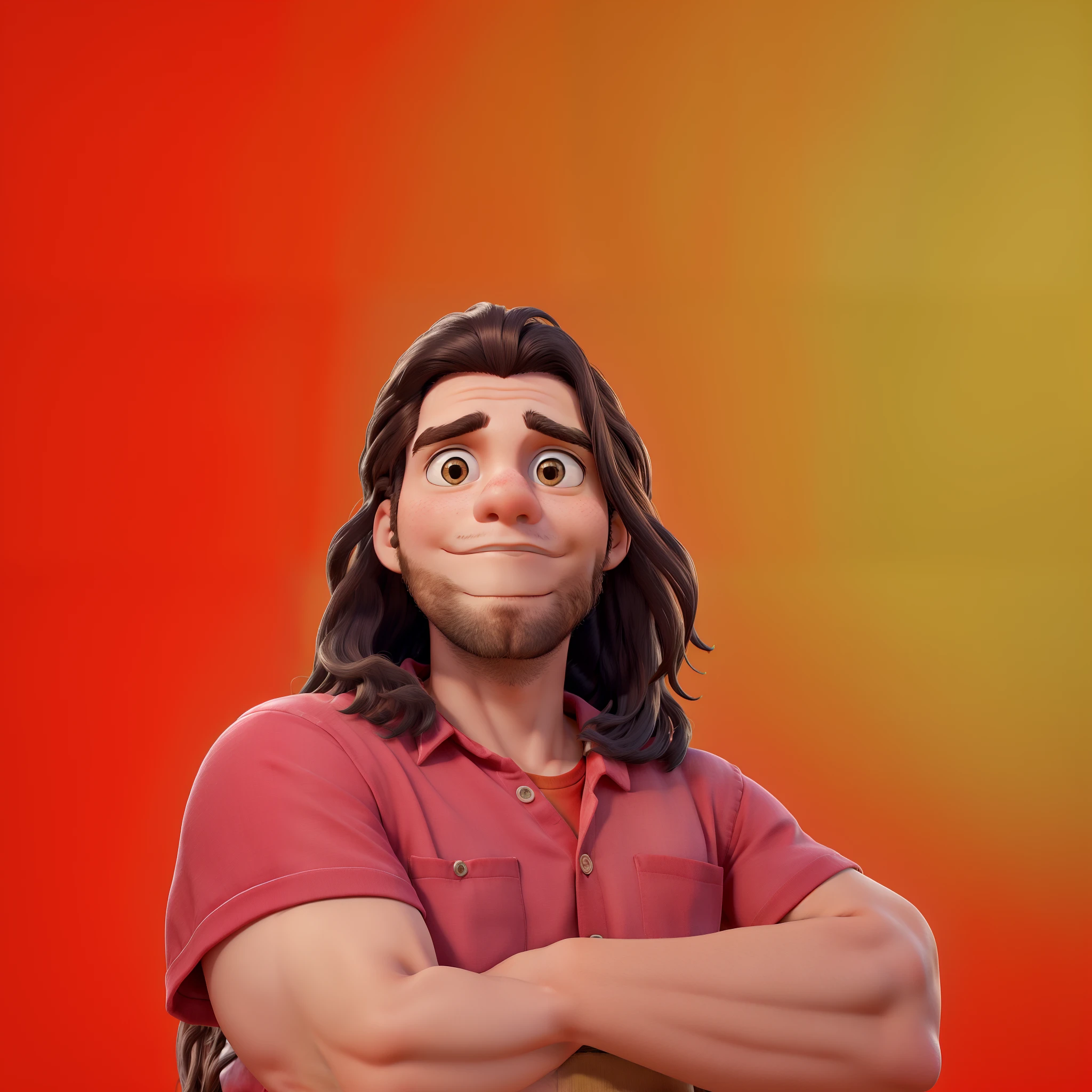 Obra-prima, de melhor qualidade. A boy with long hair and crossed arms. Cabelo levemente castanho e levemente ondulado. Utiliza camisa vermelha.