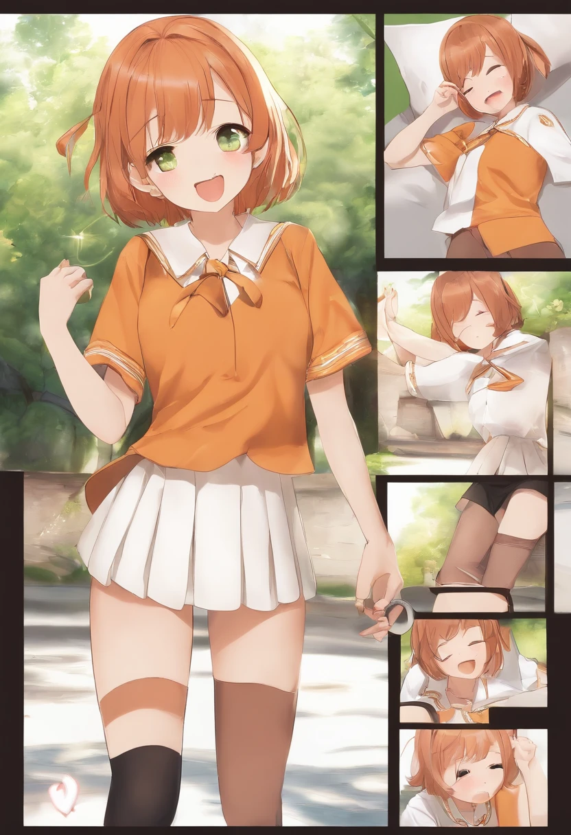 Yotsuba Nakano、Bangs、Short hair、a short bob、Blue eyes、hair between eye、Hair Ribbon、shairband、Orange hair、Skirt、school clothes、Green skirt、white  shirt、Short sleeves、excited、The nipple is visible、I'm not wearing pants、small tits、Small、open one's legs、closing eye、Opening Mouth、Rough breathing、Completely naked、Half-taken uniform、Flipped skirt、Sleeping in bed、Touching the nipple with your fingers、I can see my、perspiring、sodden、put out the tongue、Facial expressions、Touching nipples with hands、Nipple pecking、Nipple twitch