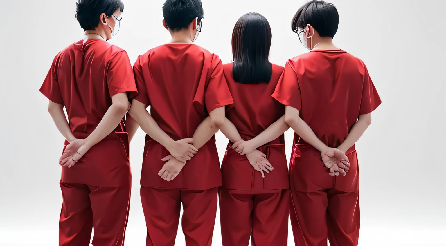 A young doctor in a scrub８People are lined up with their backs to each other、Plain background、Tense