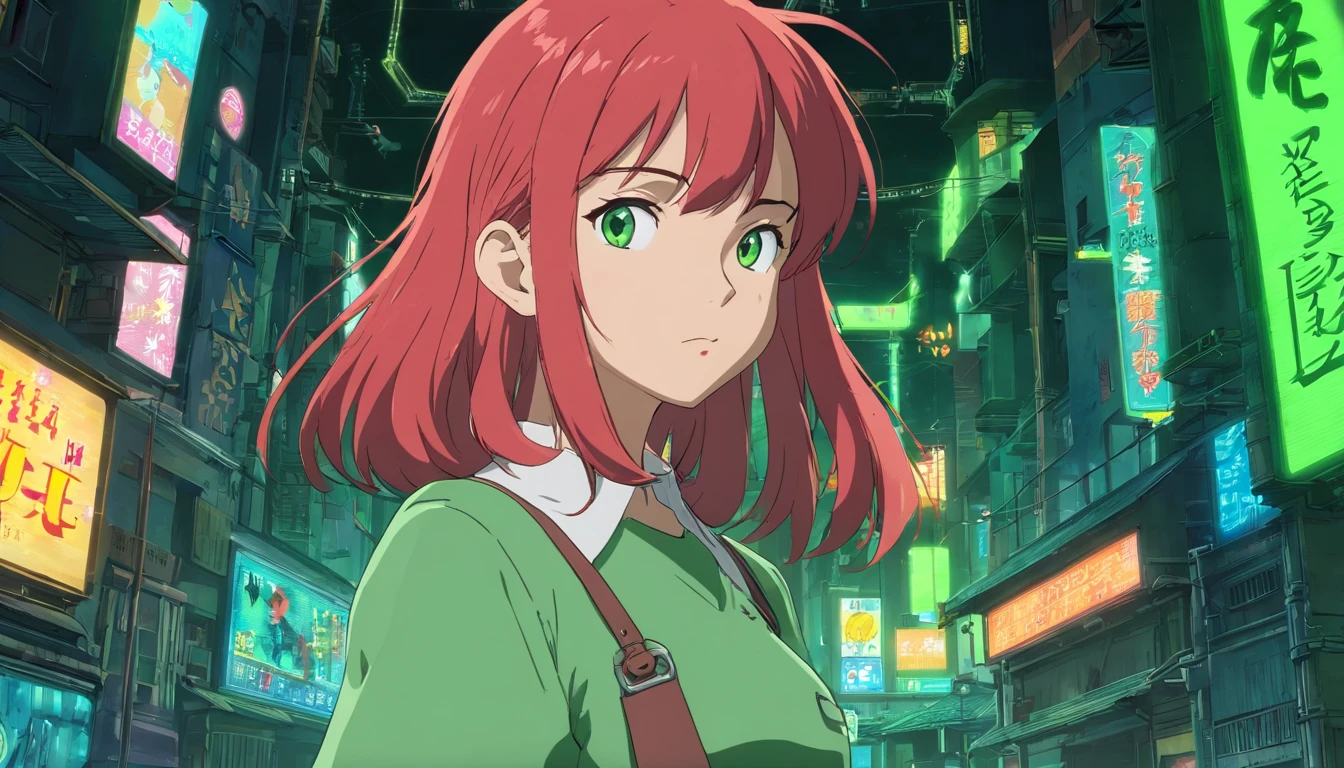 A red-haired woman in a green shirt in front of a black animated backdrop, menina com pouca roupa lofi, 8 0 s vibe anime, anime vibes, Digital anime illustration, retro anime girl, menina anime sedutora, Elogio Artstyle, no estilo de arte do anime 8 0 s, estilo anime. 8k, arte digital do anime cyberpunk, estilo anime 4K.
