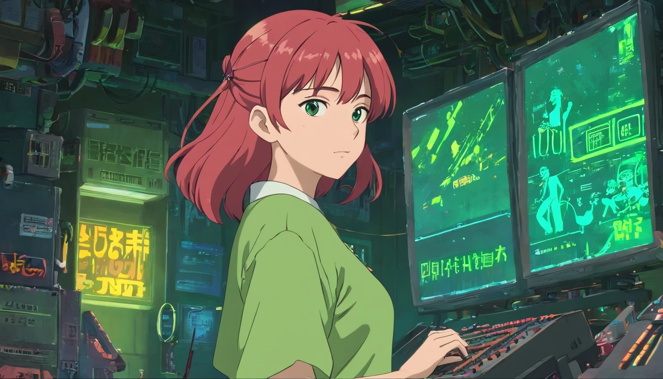 A red-haired woman in a green shirt in front of a black animated backdrop, menina com pouca roupa lofi, 8 0 s vibe anime, anime vibes, Digital anime illustration, retro anime girl, menina anime sedutora, Elogio Artstyle, no estilo de arte do anime 8 0 s, estilo anime. 8k, arte digital do anime cyberpunk, estilo anime 4K.