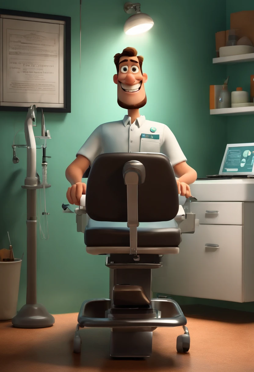 filme de um dentista com jaleco preto, sentado em sua cadeira estilo filmes Pixar, -Dentist is a white man with short hair and little beard, loiro escuro -Com nome "Lune Clinic", poster, with credits