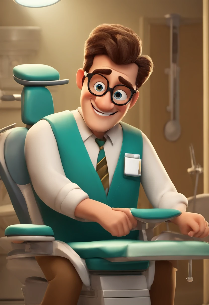 filme de um dentista com jaleco preto, sentado em sua cadeira estilo filmes Pixar, -Dentist is a white man with short hair and little beard, loiro escuro -Com nome "Lune Clinic", poster, with credits
