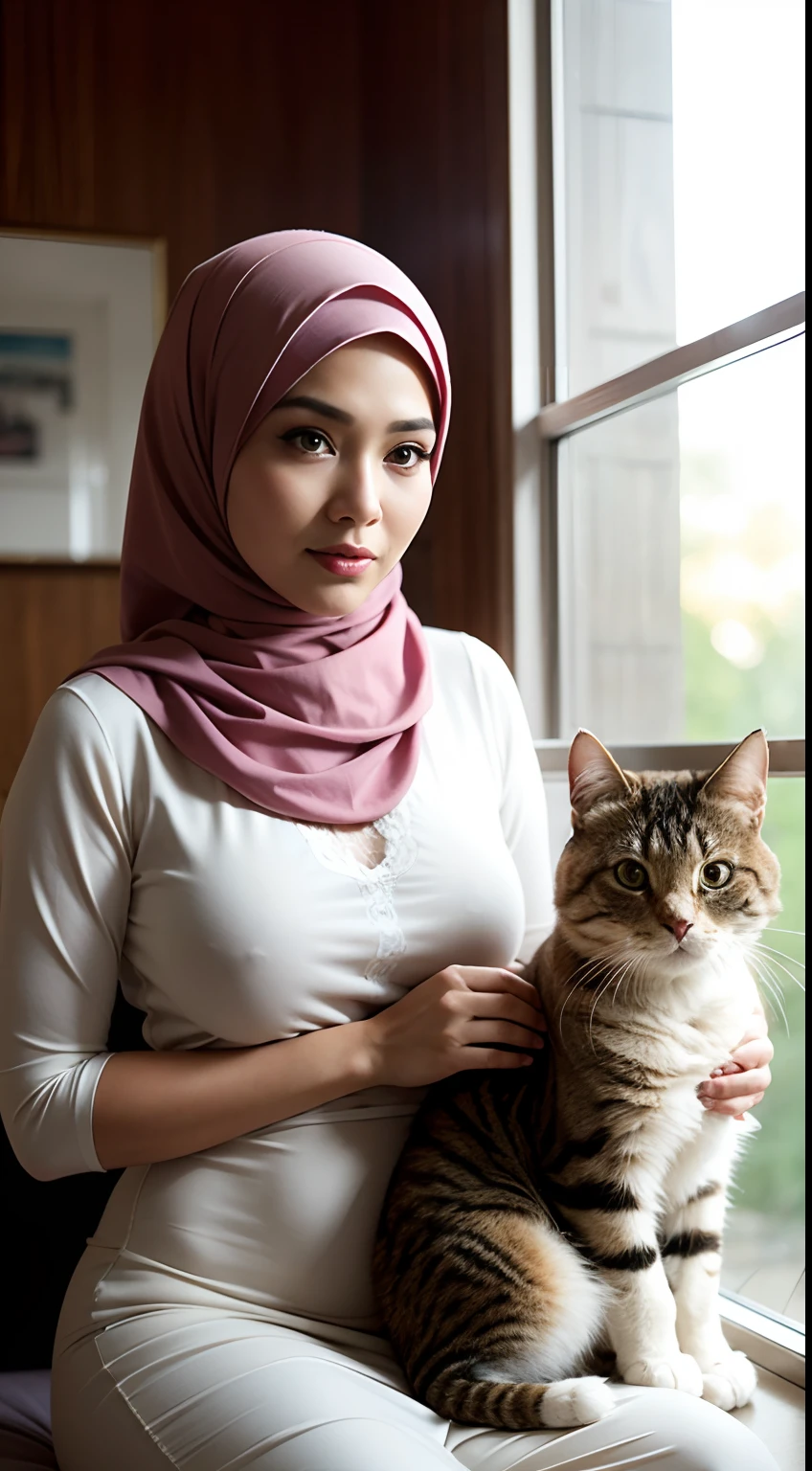 RAW, Best quality, high resolution, Masterpiece: 1.3), Beautiful Malay woman in hijab, Masterpiece, sitting, Perfect slim body,Beautiful big eyes, Watery eyes, Soft smile, Wet lips, Big breasts, Design touching scene, Malay woman interacting with her favorite pet cat which is very large, a white Angora cat with long fur and very large size, the size of the cat is bigger than a beautiful Malay woman with a petite body, wearing a small blouse with a pastel colored flower pattern, wearing a hijap, a very long hijap, . petite petite body, pot belly, small waist, slim, wide hips, thick thighs, big breasts, showing the bond between them and sitting in a comfortable home atmosphere, bright lighting, happy, 8k, high quality, beam lighting