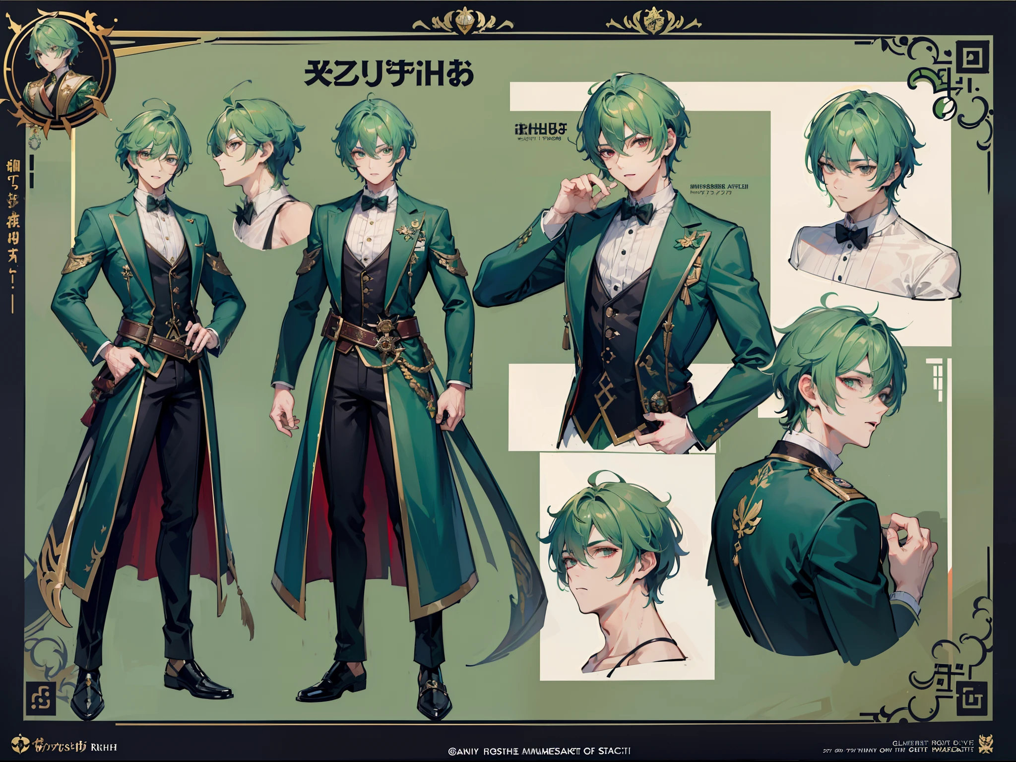 ((Masterpiece, Highest quality)), Male, boy, Detailed face, character design sheet, full bodyesbian, Full of details, frontal body view, back body view, Highly detailed, Depth, Many parts, Muscle boy with green hair,handsome man, vampire outfit clothes, Genshin Impact, man tall