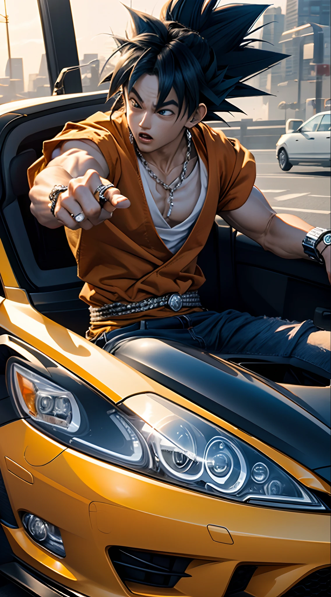 Hyper realistic goku driving a car with lean in his hand and with diamond chains and rings grills and diamond watch
