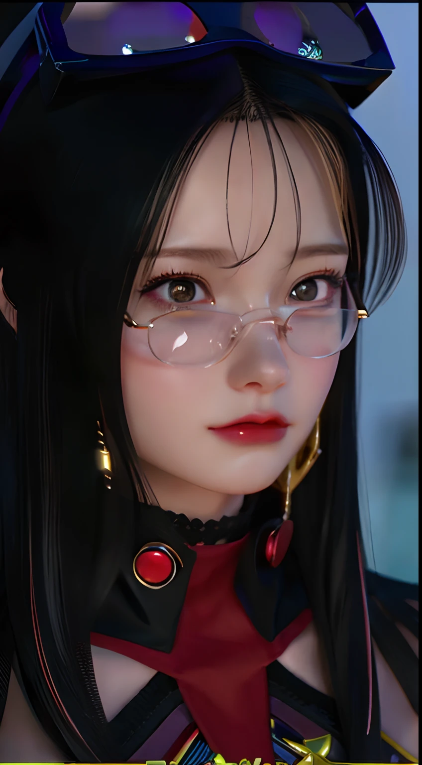 a close up of a woman with longhair wearing glasses on her hair with black and red outfit, realistic anime 3 d style, realistic young anime girl, stunning anime face portrait, photo realistic anime, anime realism style, kawaii realistic portrait, realistic anime portrait, realistic anime artstyle, beautiful anime portrait, realistic anime style at pixiv, realistic anime artsyle, hyper realistic anime, 3 d anime realistic