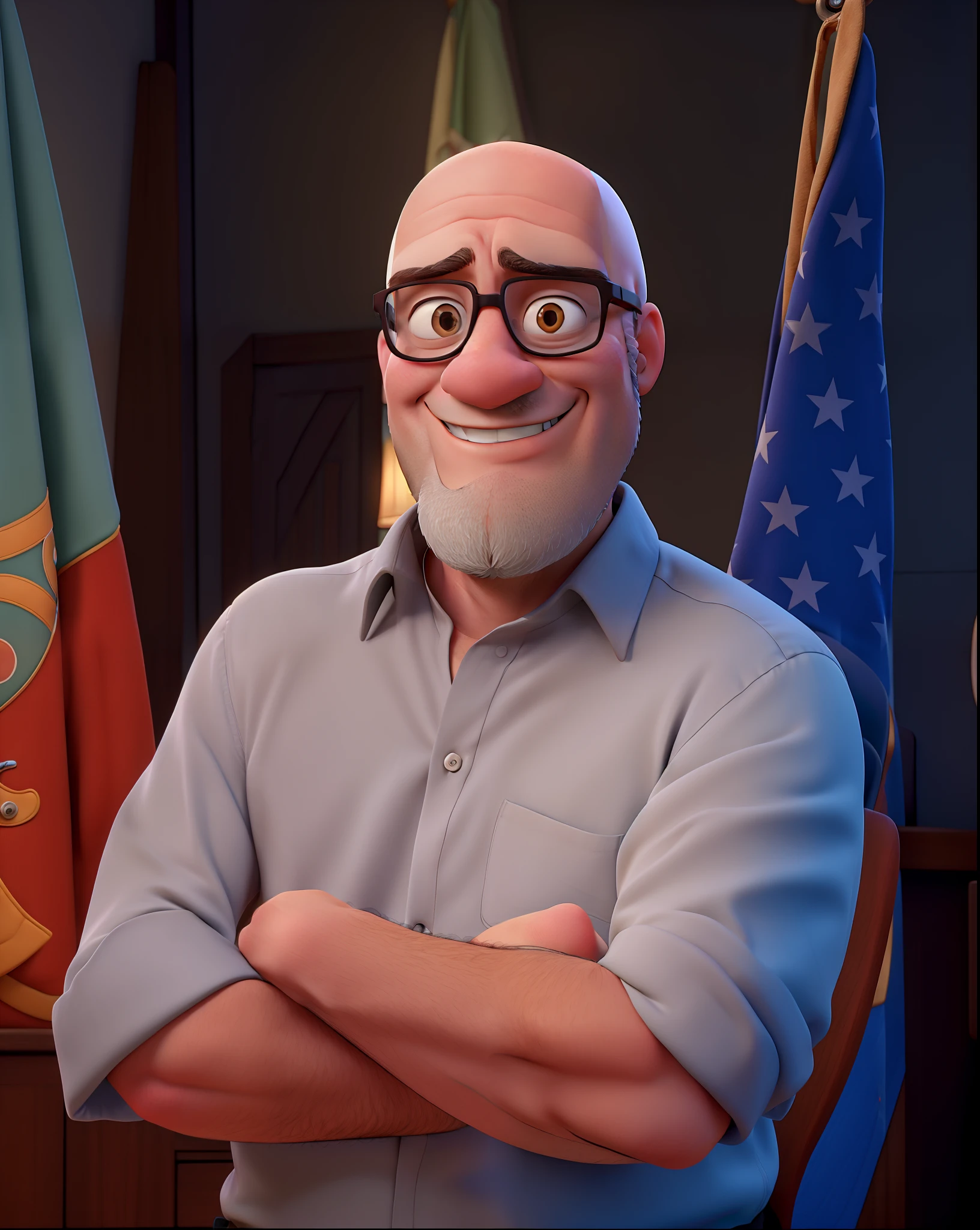 A bald man with glasses goatee gray Disney pixar model high resolution