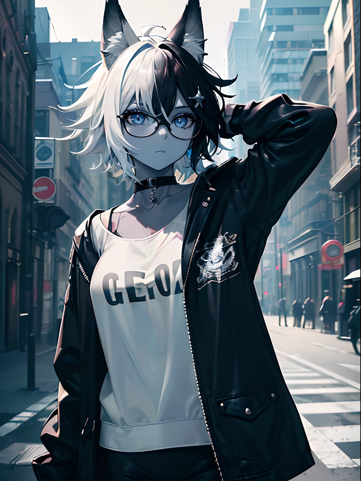(masterpiece,best quality,ultra-detailed),1girl,black hair,short hair,messy hair,wolf ears,black and white hair,glasses,(((coloured skin,pale blue skin))),black jacket,rock punk fashion, choker,((grey theme)),((pastel colours theme)),in the street