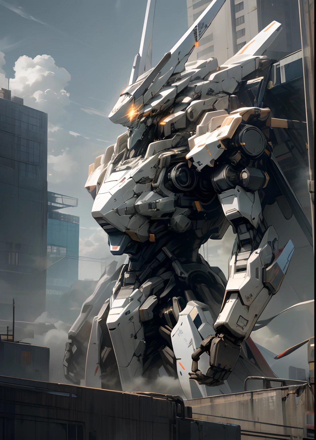 sky, cloud, holding_weapon, no_humans, glowing, , robot, building, glowing_eyes, mecha, science_fiction, city, realistic,mecha
