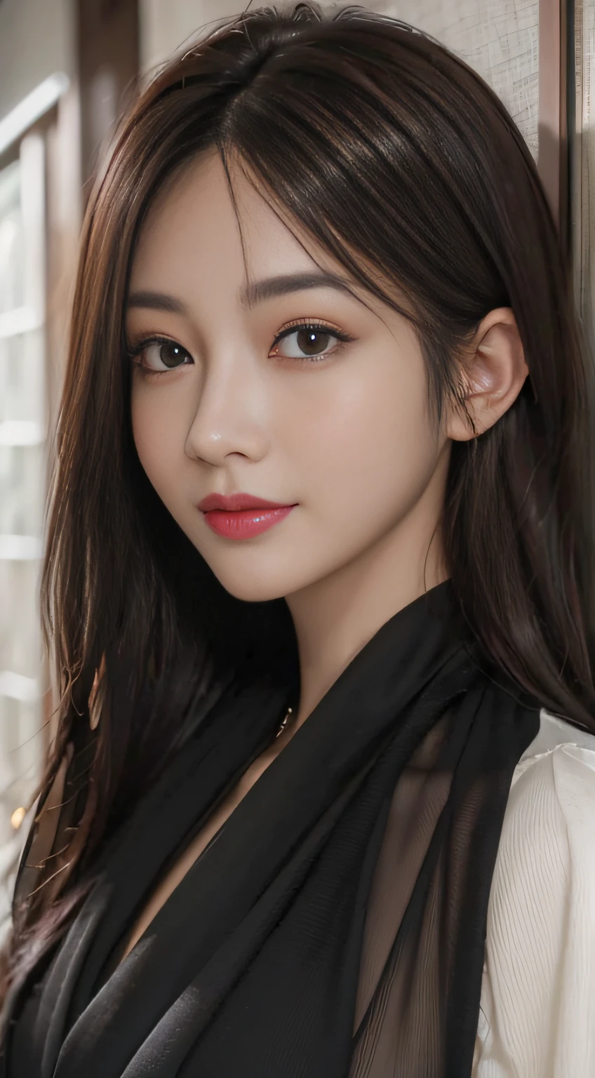 A hyper-realistic)、(illustratio)、(hight resolution)、(8K)、(ighly detailed)、(Best Illustration)、(beautifully detailed eyes)、(top-quality)、(ultra-detailliert)、(masterpiece)、(wall-paper)、(A detailed face)、独奏、1 girl in、looking at viewert、fine detailed、A detailed face、in the darkness nigth、deep-shadows、lowkey、pureerosfaceace_v1、a smile、Long、Black shawl straight hair、46-point diagonal bangs
