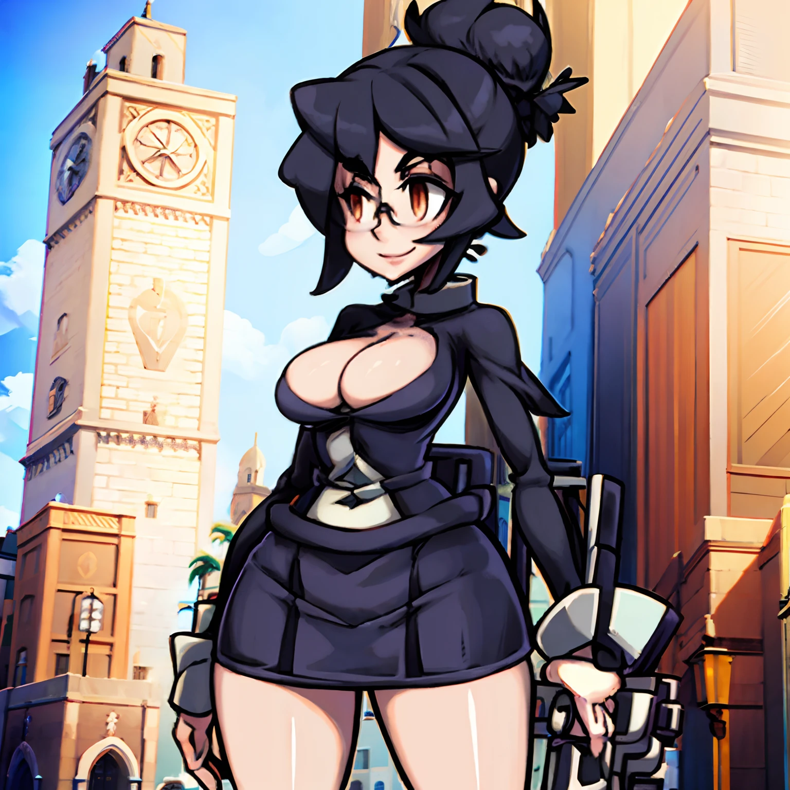 A tall female in the medieval town, solo, one-tone hair, black hair, short neat hair tied in a bun behind her head, happy, smiling, small breasts, black eyes, wearing round glasses, formal attire with long skirt