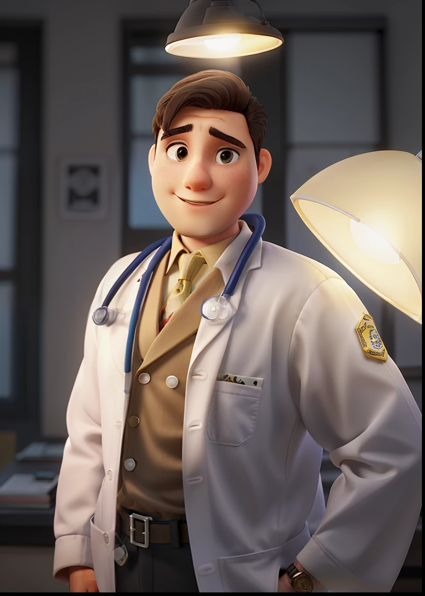 A young doctor standing in front, illuminated by the light of a lamp, contra o pano de fundo de um consultorio