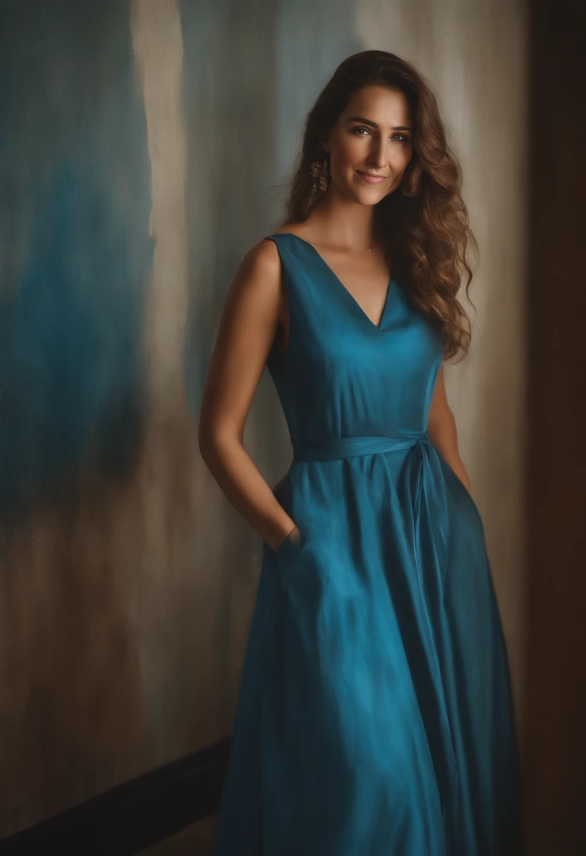 Retrato de uma mulher, mulher muito bonita, longos cabelos loiros, Smiling eyes looking at the camera, boca sorridente, Exponha o vestido P azul, acrylic painting, Pincelada arrojada e expressiva, estilo impressionista, Fundo surreal espetacular, Pinceladas muito pesadas com tinta texturizada grossa, Specialized lighting and shadows, alto contraste, pintura de arte,