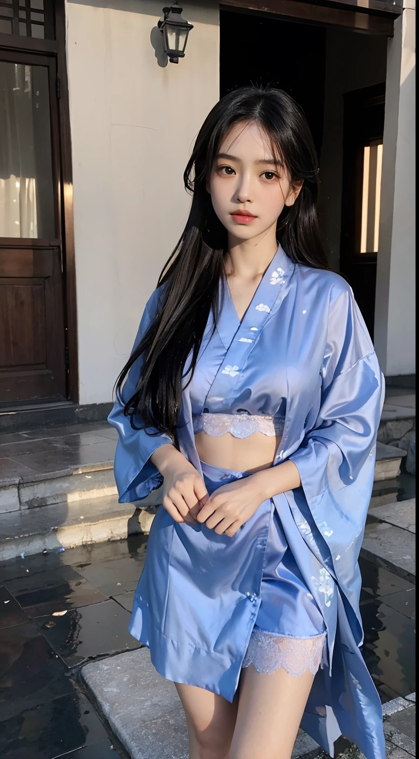 Cute and cool punk idol girl、whole body、Good style、、、、、、、、、、Thick legs、、Blue and silver kimono dress（Fish Print）、Neat and clean idol face、summer night（Glowing）、