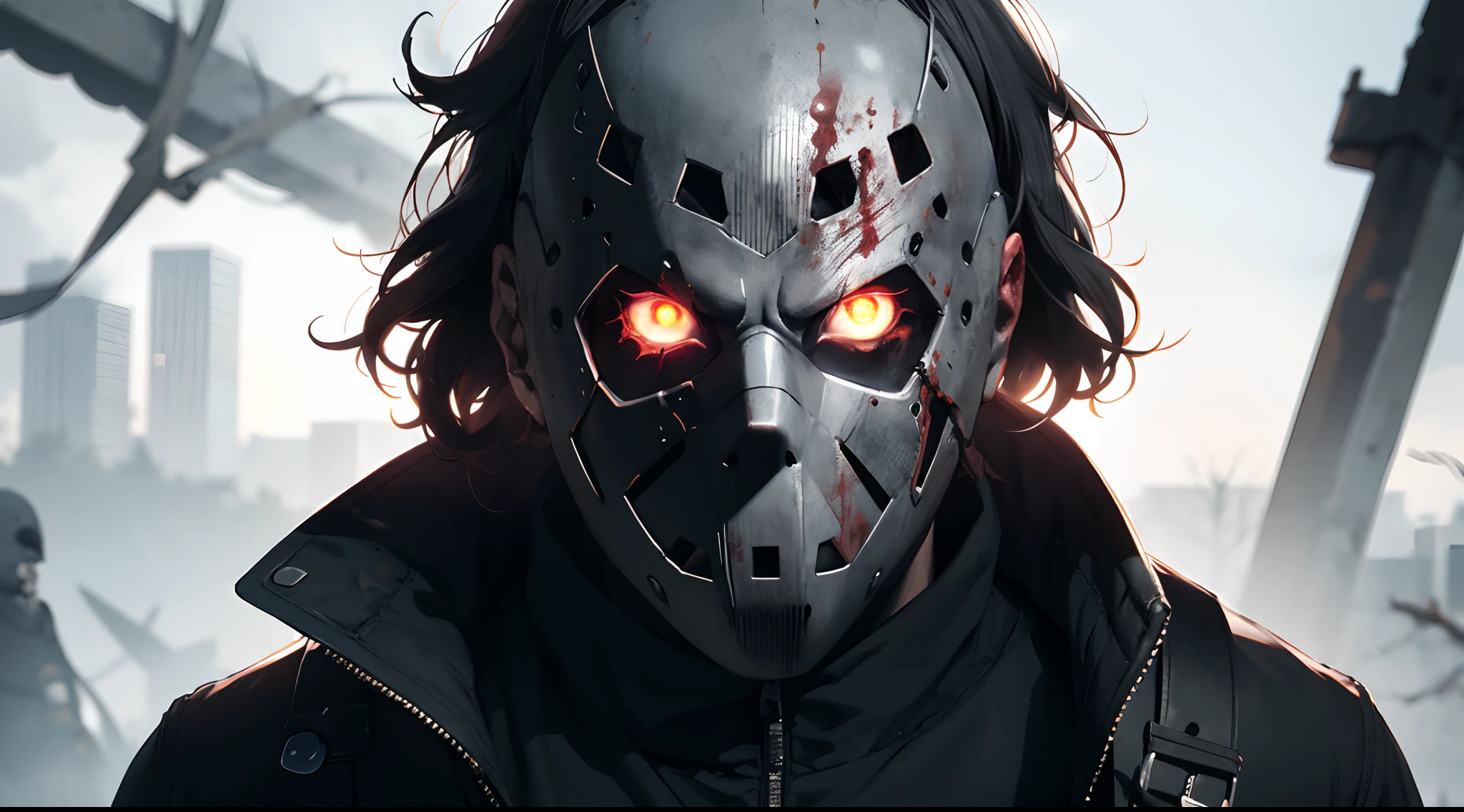 Jason voorhees with a burned mask, animated with his left zombie eye staring at the audience, his right eye is pure black not visible