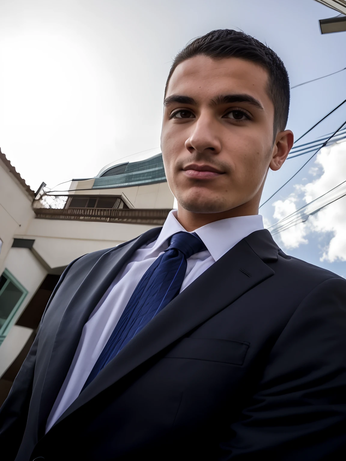 There is a man in a suit and tie standing in front of a building, caio santos, em torno de 1 9 anos, taken in the early 2020s, imagem frontal, mateus 9 5, david rios ferreira, icaro carvalho, ele tem cerca de 2 0 anos de idade, ele tem cerca de 20 anos, he is wearing a suit