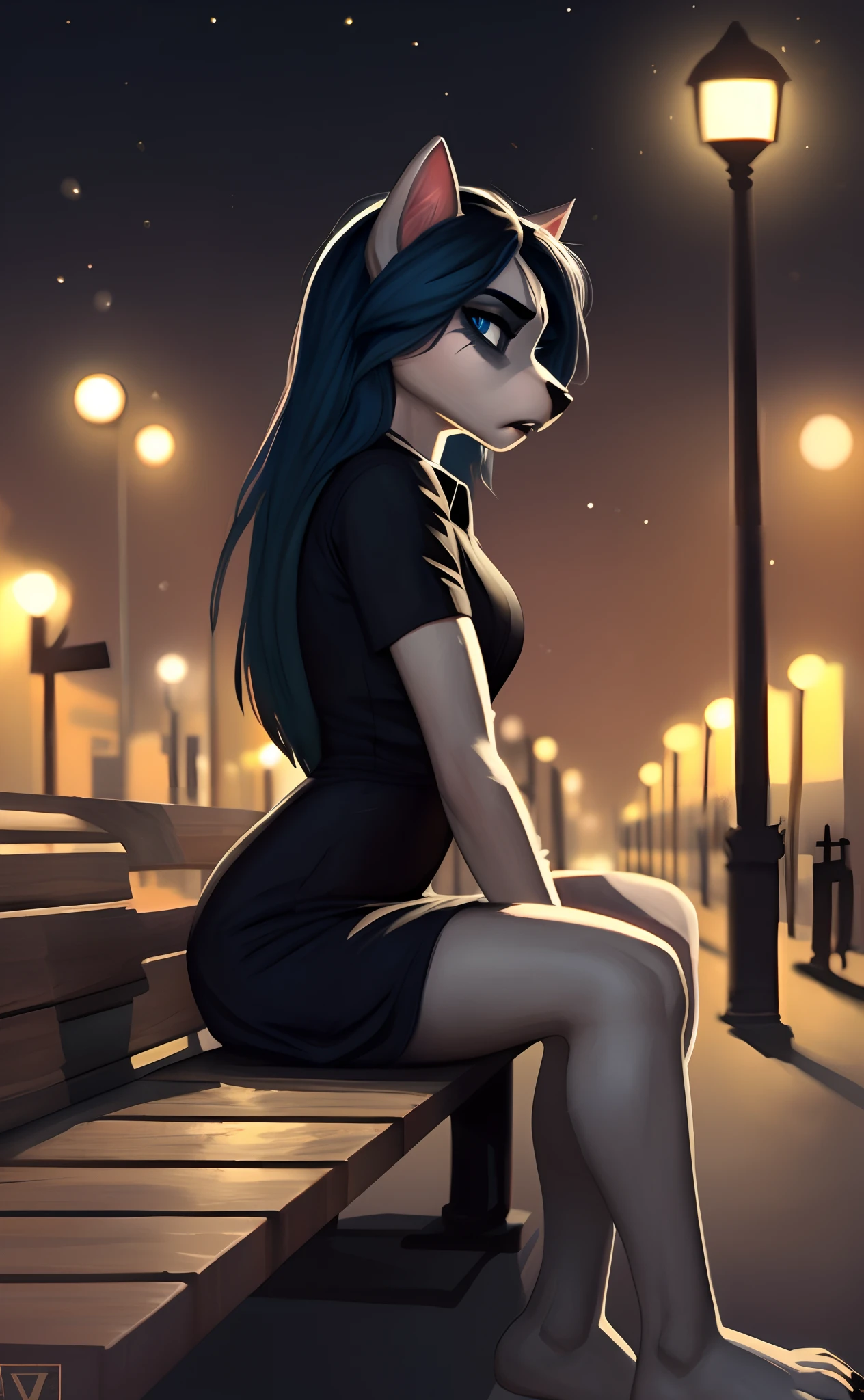 [Claire (the summoning)], [Uploaded to e621.net; (Pixelsketcher), (wamudraws)], ((masterpiece)), ((1girl)), ((solo portrait)), ((full body)), ((side view)), ((furry; anthro)), ((detailed fur)), ((detailed shading)), ((beautiful render art)), {anthro; (slim figure), white fur, black nose, long blue hair, (bang over left eye), (pink pentagon on forehead), (dark-blue cat eyes), (slit pupils), (half-closed eyes), (indigo eyeshadow), (black claws), (beautiful feet), (expressionless)}, {(short sleeve black white-collared shirt), (tight short bodycon dress)}, {(sitting on bench), (hands in lap), (legs crossed), (looking at viewer)}, [background; (park), (street lights), (nighttime), (ambient lighting)]