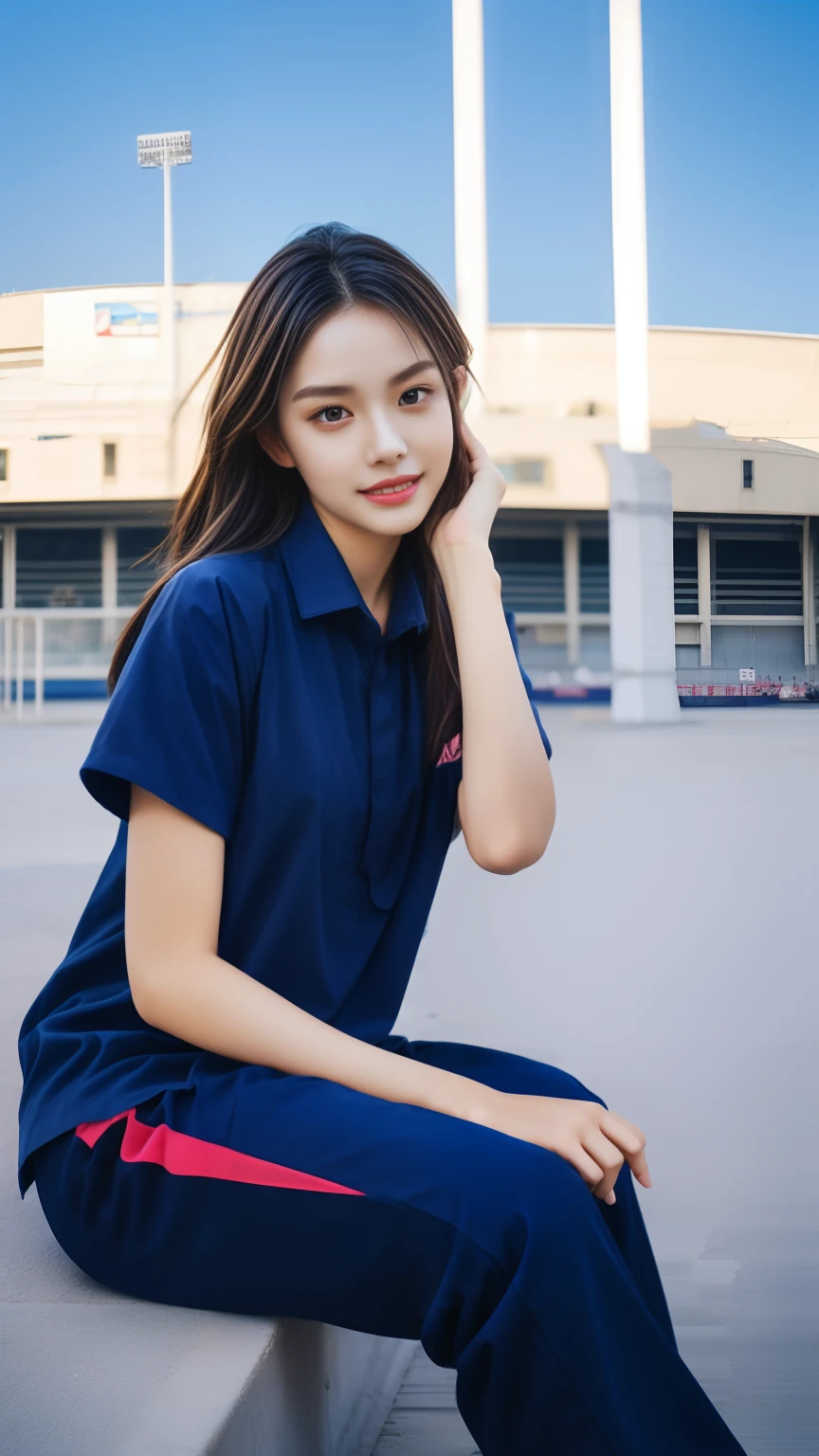 (bestquality,10,10,highres,masterpiece:1.2),ultra-detail,(Realistic,photorealistic portrait,photo-realistic:1.37),1 cute girl sitting on the football field,oily shiny skin,bara,light smile,BDclothes,((blue shirt:1.3)),short sleeves,shirt, trousers.,(navy_long_Pants Track:1.1), ((Stadium Background:1.3)),dynamic angle,excited,face focus,Dynamic Poses,from behide,Ass Focus,masterpiece, bestquality, ultra realistic, hyper-detail, 8k resolution, RAW photo, crisp focus, ((Navy blue shirt:1.1)), short sleeves, Long Path, Perfect body, 2 mature women, 18yo, cinematic light,Blue sweatpants,Gymware,Correct anatomy,Complete body, Correct body, sharp face, Anatomically correct body, full entire body, Realistic gestures, long-haired, Realistic poses,Wear long shorts......................,Long leg span,Shapely,Sculpting Girl, Slender Figure, mannequin mannequins, Shapely, Beautiful body,Blue sweatpants