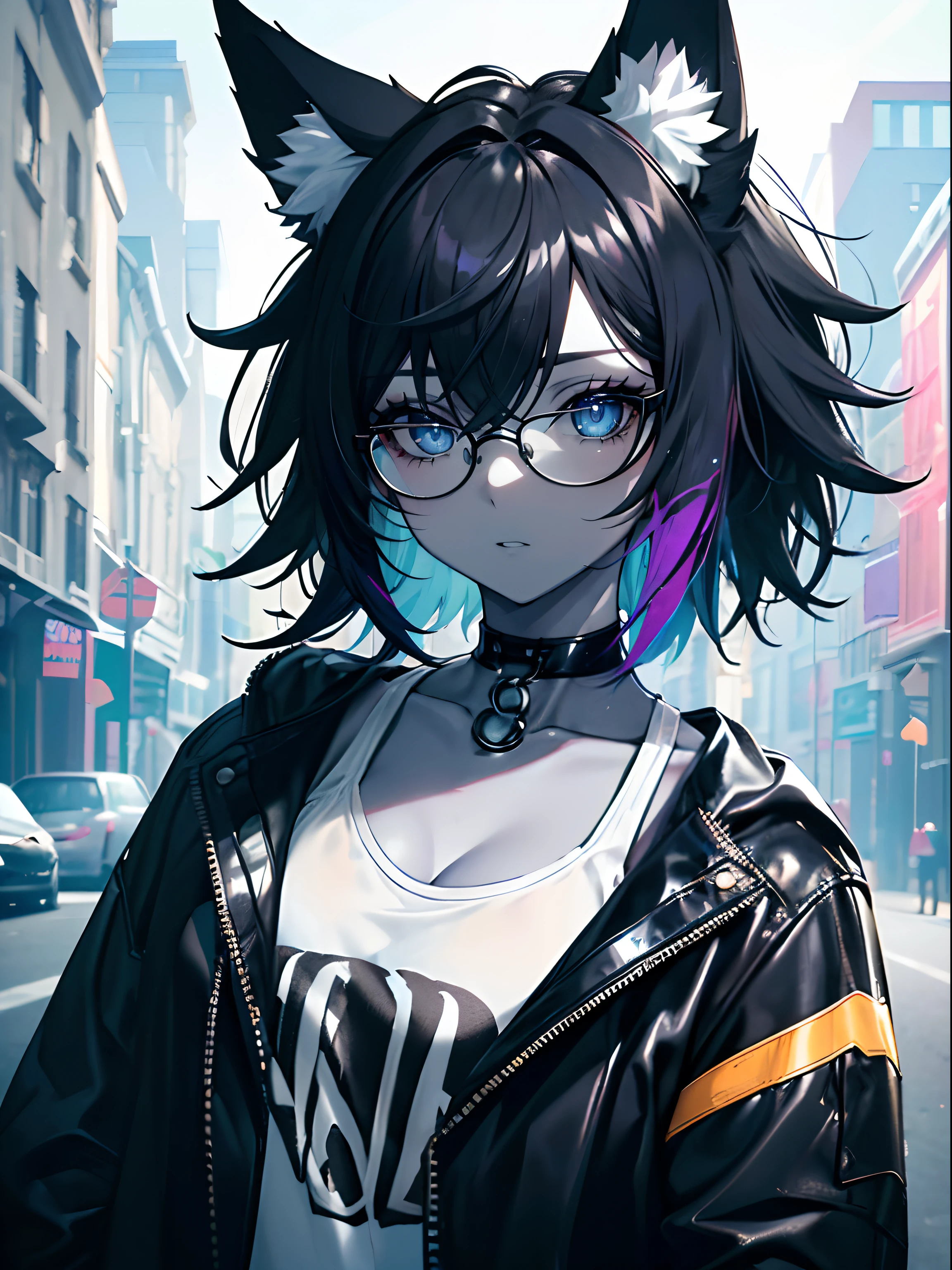 (masterpiece,best quality,ultra-detailed),1girl,black hair,short hair,messy hair,wolf ears,black and white hair,glasses,(((coloured skin,pale blue skin))),black jacket,rock punk fashion, choker,((grey theme)),((pastel colours theme)),in the street