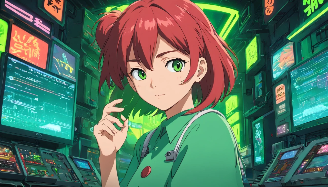 A red-haired woman in a green shirt in front of a black animated backdrop, menina lofi, scenario electronic funds Black, reto 8 0 s vibe anime, anime vibes, Digital anime illustration, retro anime girl, menina anime sedutora, Elogio Artstyle, no estilo de arte do anime 8 0 s, estilo anime. 8k, arte digital do anime cyberpunk, estilo anime 4K.