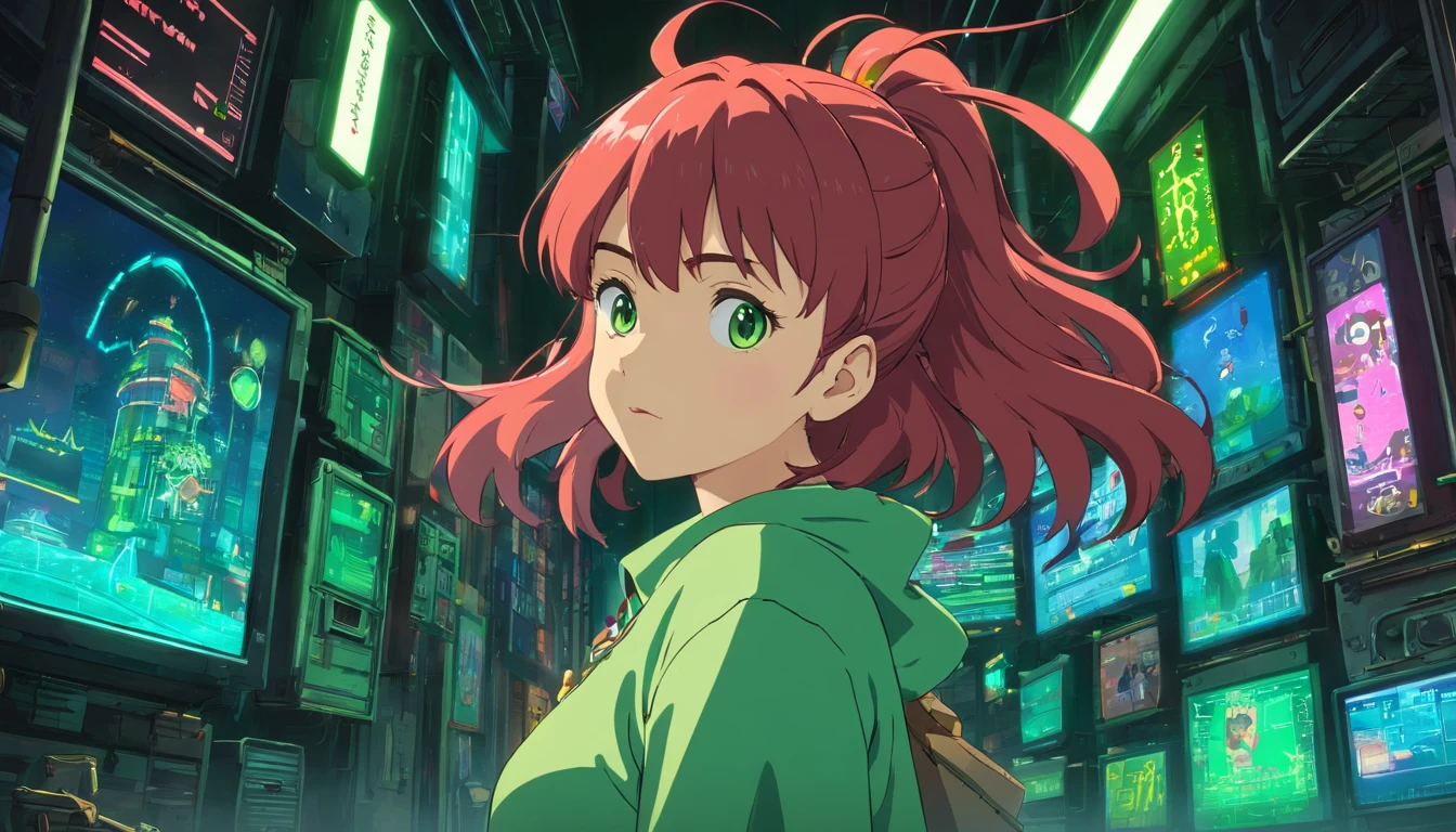 A red-haired woman in a green shirt in front of a black animated backdrop, menina lofi, scenario electronic funds Black, reto 8 0 s vibe anime, anime vibes, Digital anime illustration, retro anime girl, menina anime sedutora, Elogio Artstyle, no estilo de arte do anime 8 0 s, estilo anime. 8k, arte digital do anime cyberpunk, estilo anime 4K.